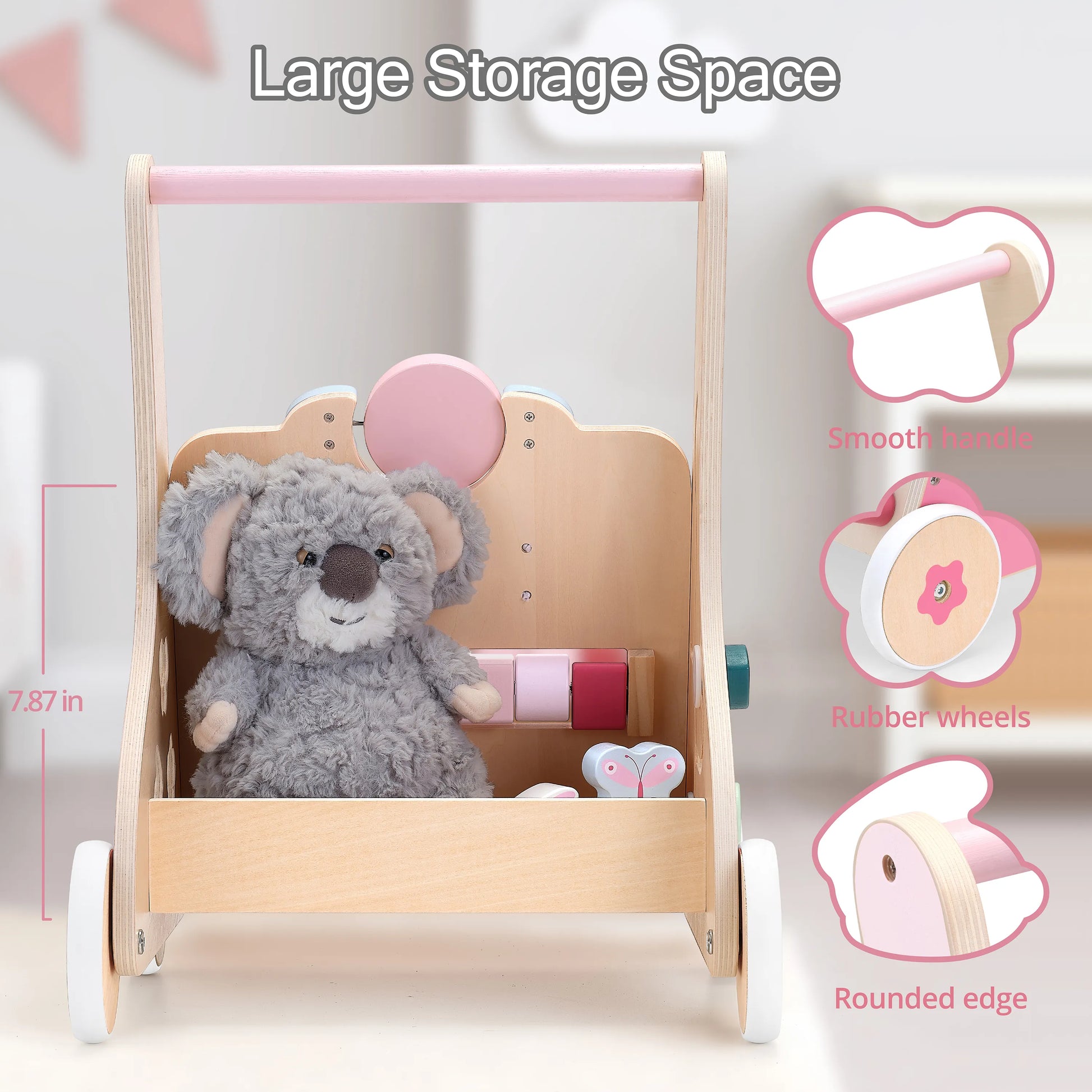 Large storage space on the back of the pink wooden baby walker. Features a smooth handle and rubber-lined wheels, perfect for carrying plush toys.