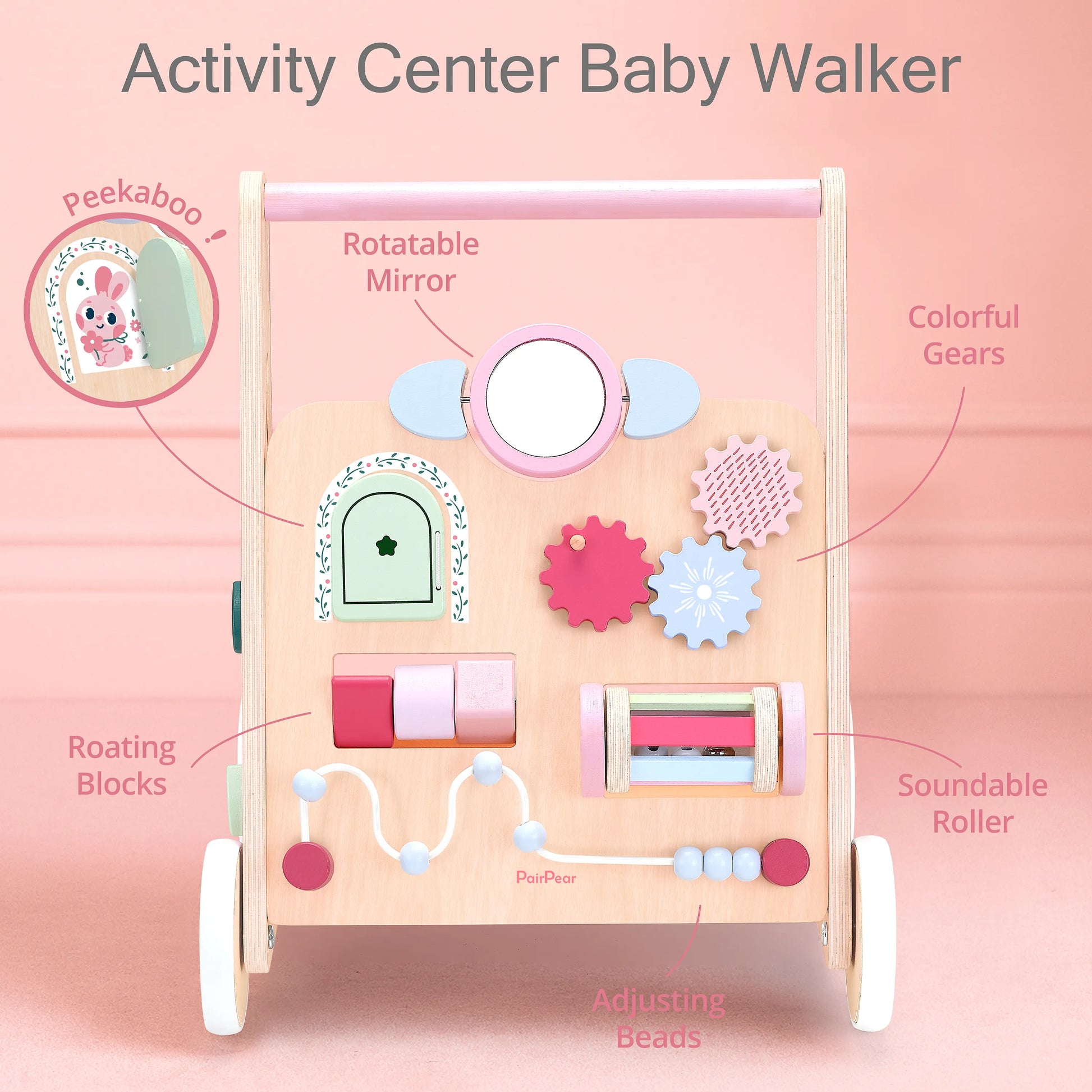 Details of the baby activity center walker. Includes a peekaboo door, rotatable mirror, colorful gears, rotating blocks, and an abacus for learning.