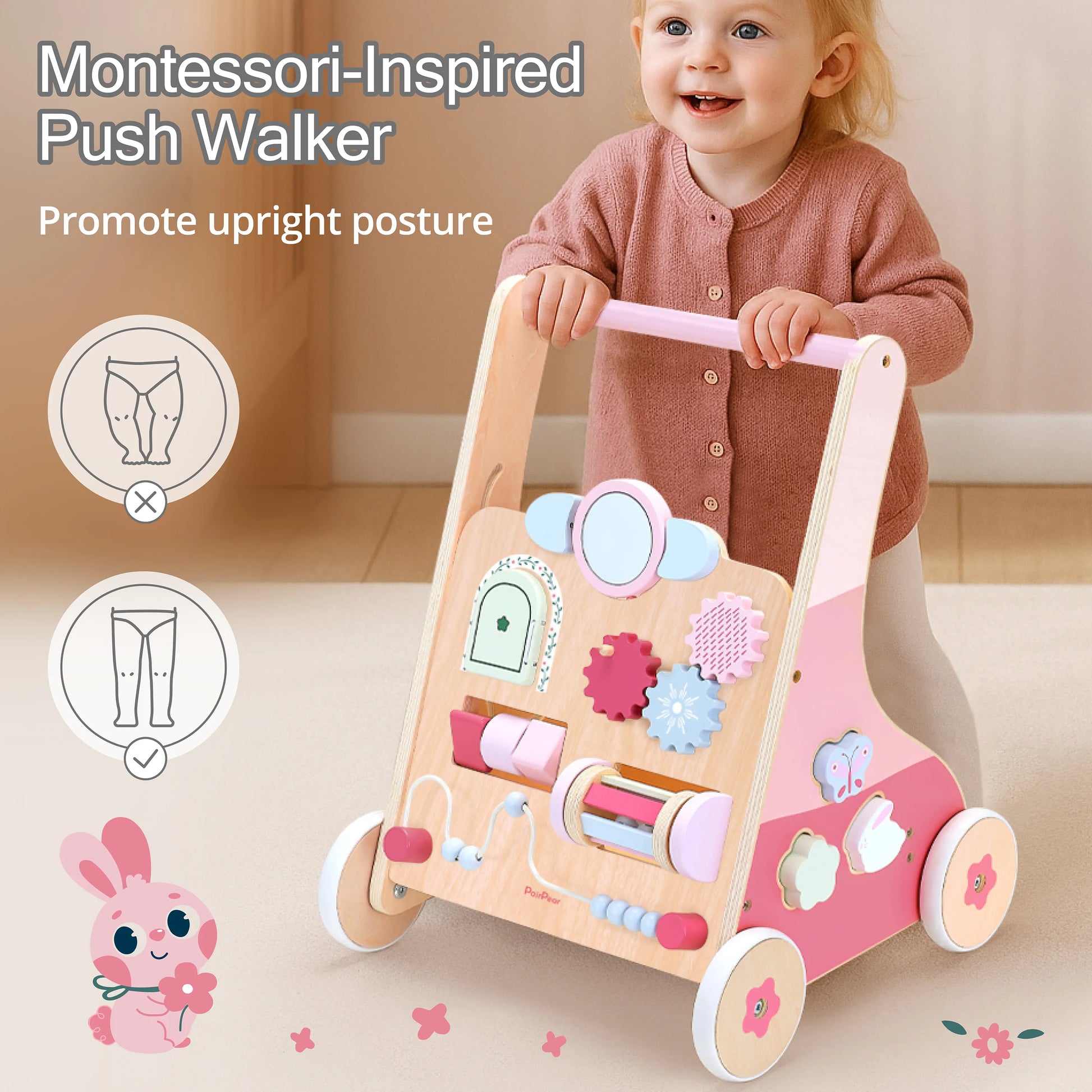 Toddler safely using the Montessori-inspired pink wooden push walker. Designed to promote upright posture and assist infants learning how to walk.