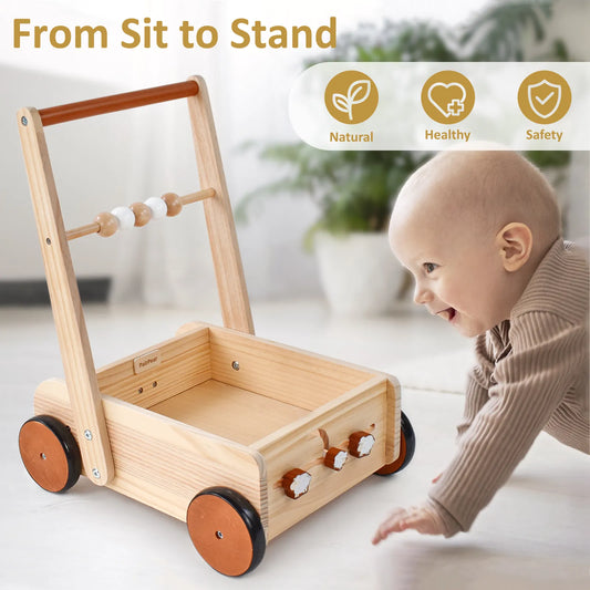 Happy baby crawling towards a natural wooden baby walker. This safe sit-to-stand push toy helps infants learn to walk and develop motor skills.