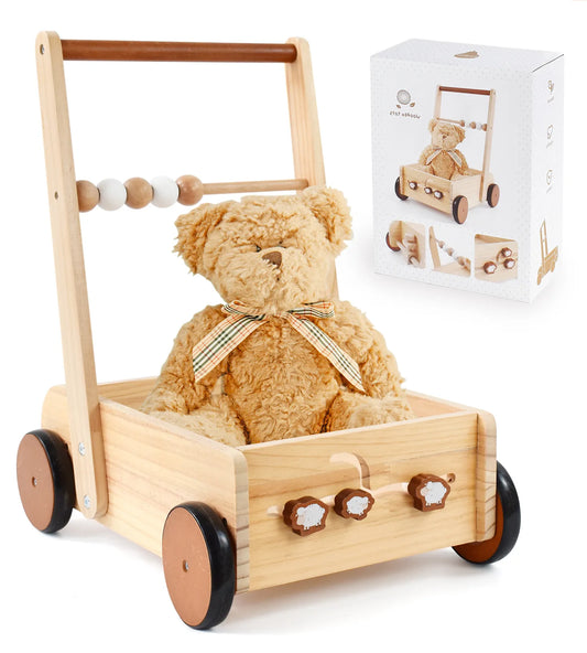 PairPear wooden baby walker displayed with its original packaging. This versatile push toy doubles as a toddler wagon and toy storage box.