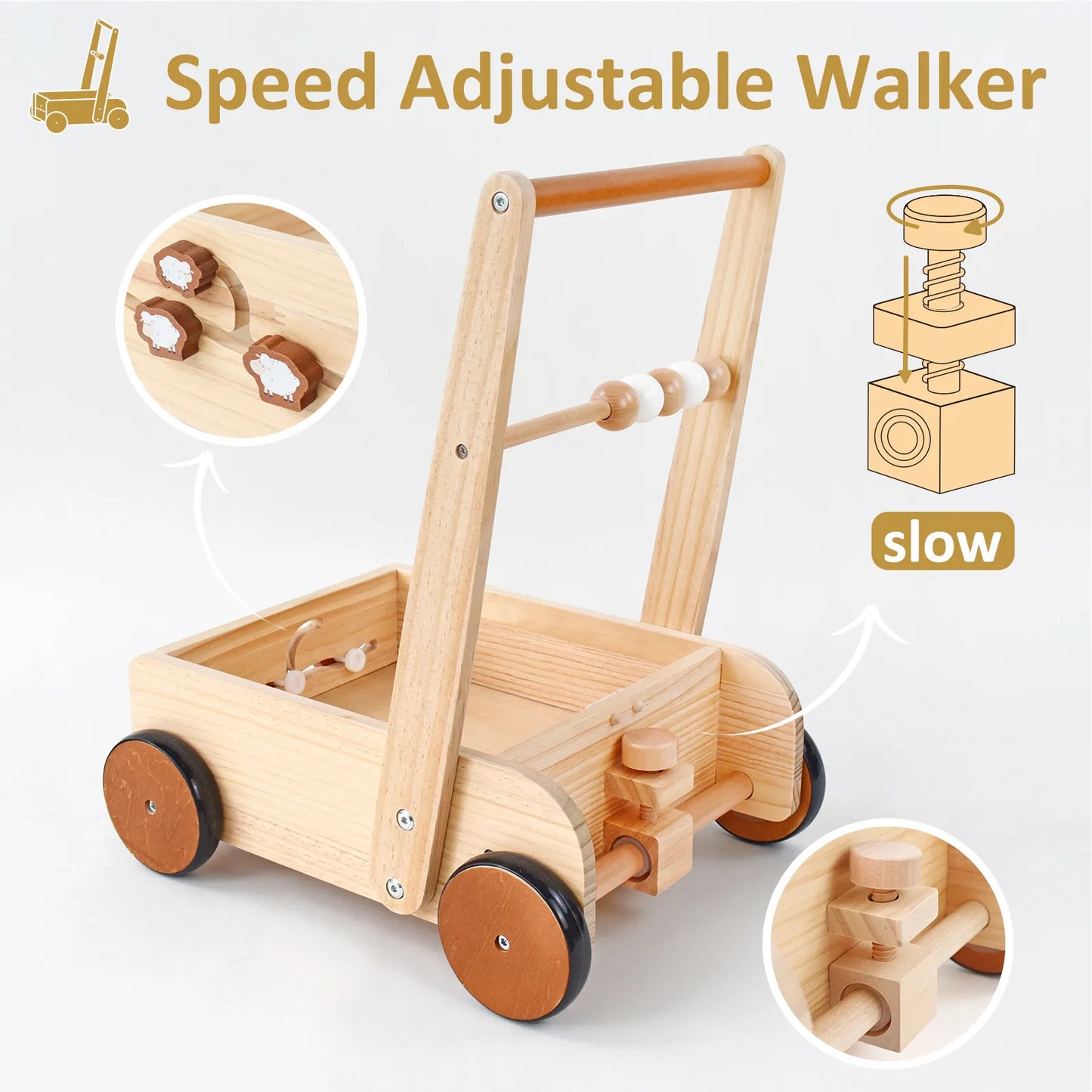 Speed adjustable wooden baby push walker. Detailed view showing the easy-to-use screw mechanism on the back wheels to slow down for infant safety.