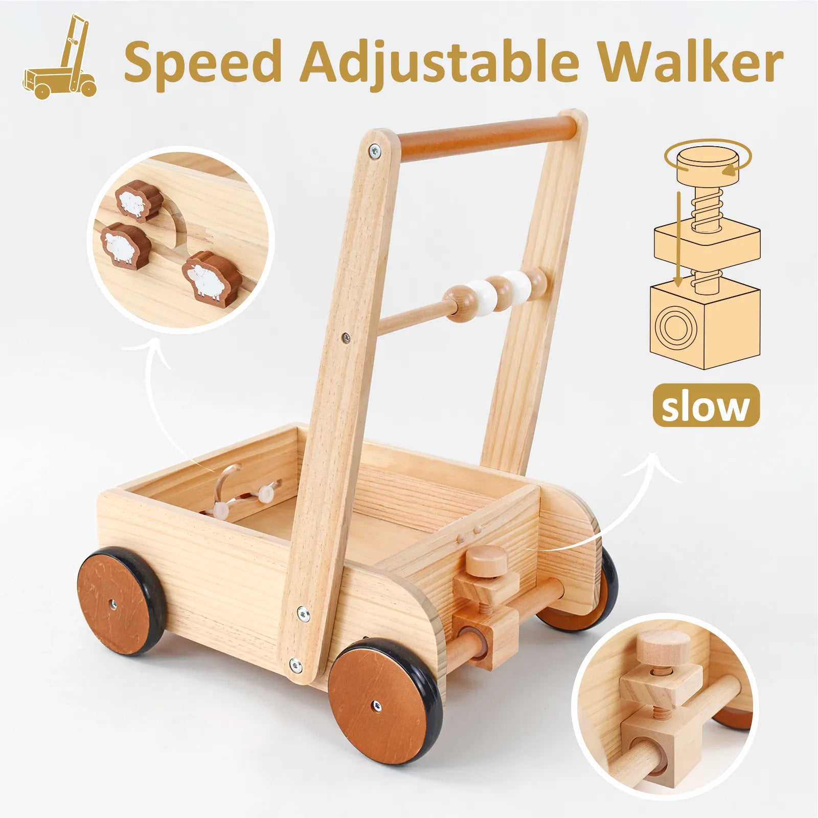 Speed adjustable wooden baby push walker. Detailed view showing the easy-to-use screw mechanism on the back wheels to slow down for infant safety.