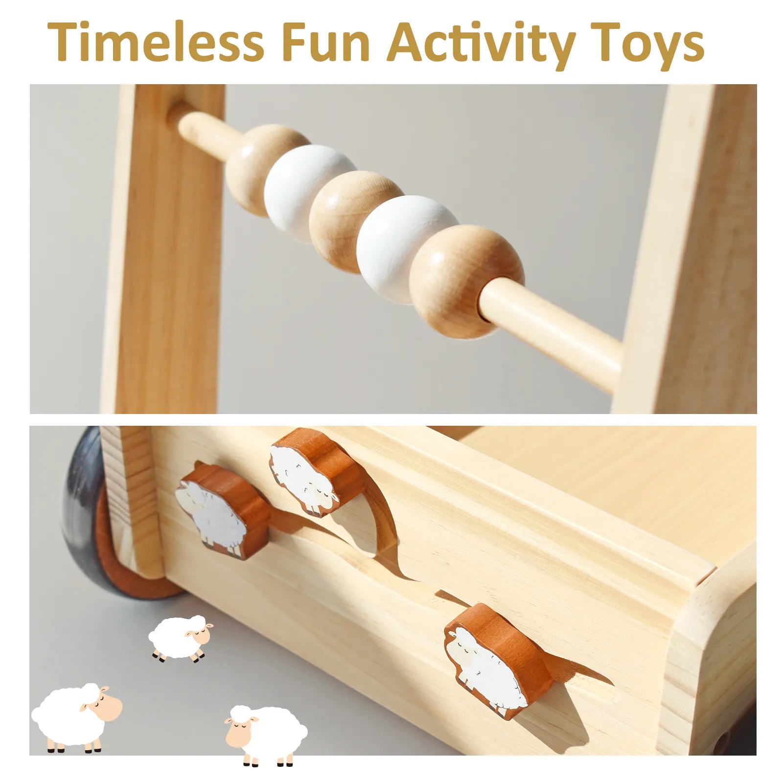 Fun features of the wooden baby activity walker. Close-up of smooth wooden abacus beads and cute sheep sliders to develop toddler fine motor skills.