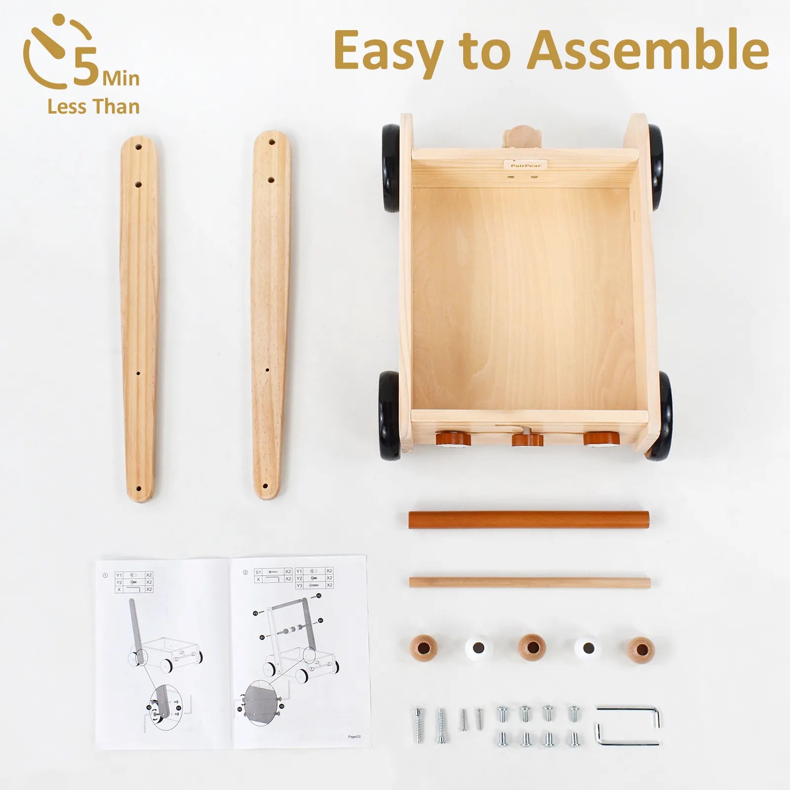 Flat lay of the easy-to-assemble wooden baby push walker. Includes wooden panels, hardware, and instructions for a quick 5-minute setup for parents