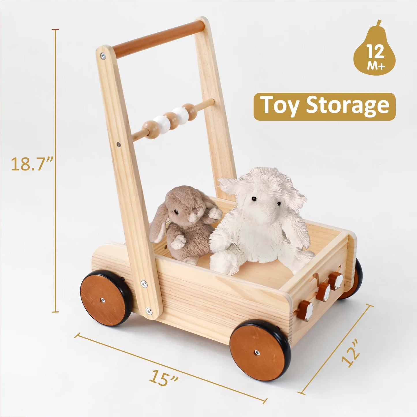 Dimensions of the toddler wooden push walker. Measuring 18.7 inches tall, this baby wagon is the perfect size for 1-year-olds to use as toy storage.