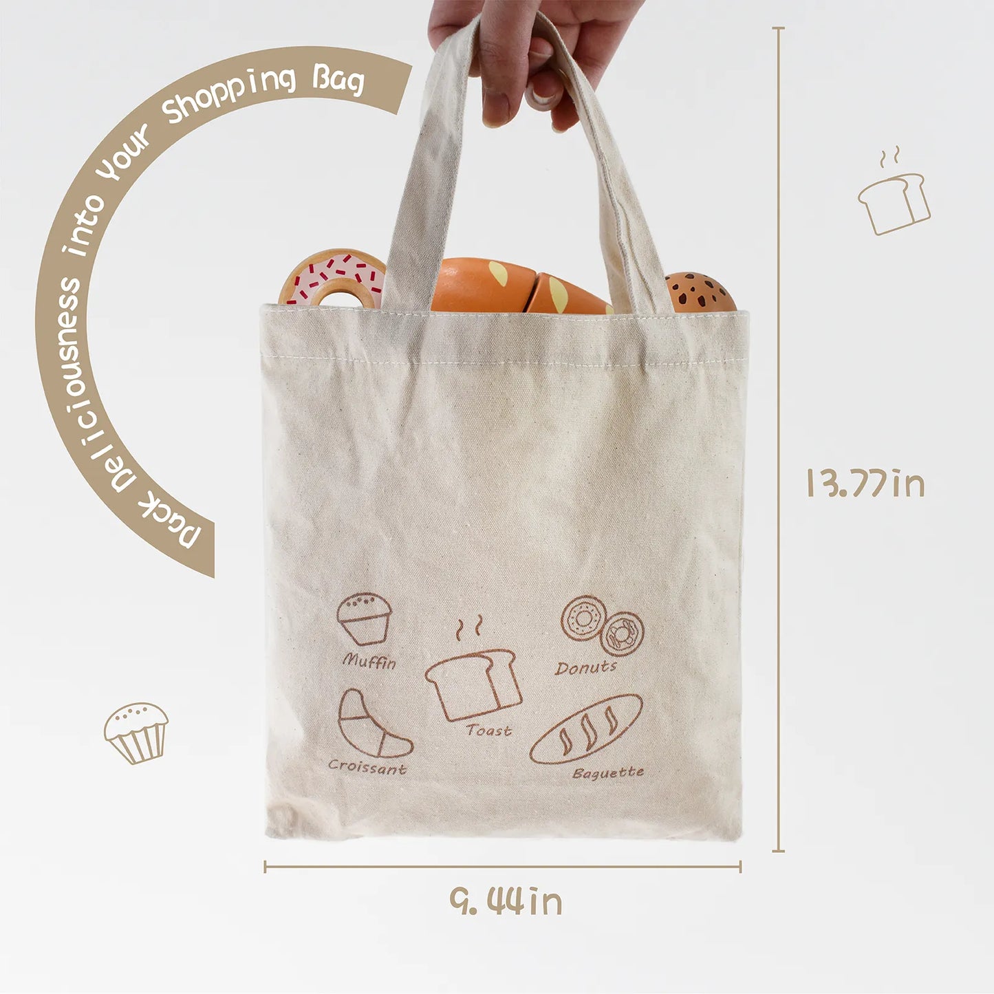 Dimensions of the canvas shopping bag for the wooden play food set. Measuring 13.77 x 9.44 inches, perfect for packing kids pretend bakery toys.