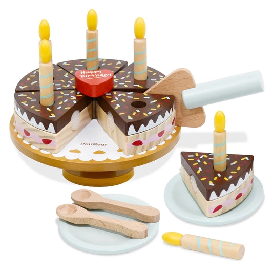 Interactive wooden birthday cake toy set for kids. Features cuttable chocolate cake slices with velcro, removable candles, and a pretend play cake stand.