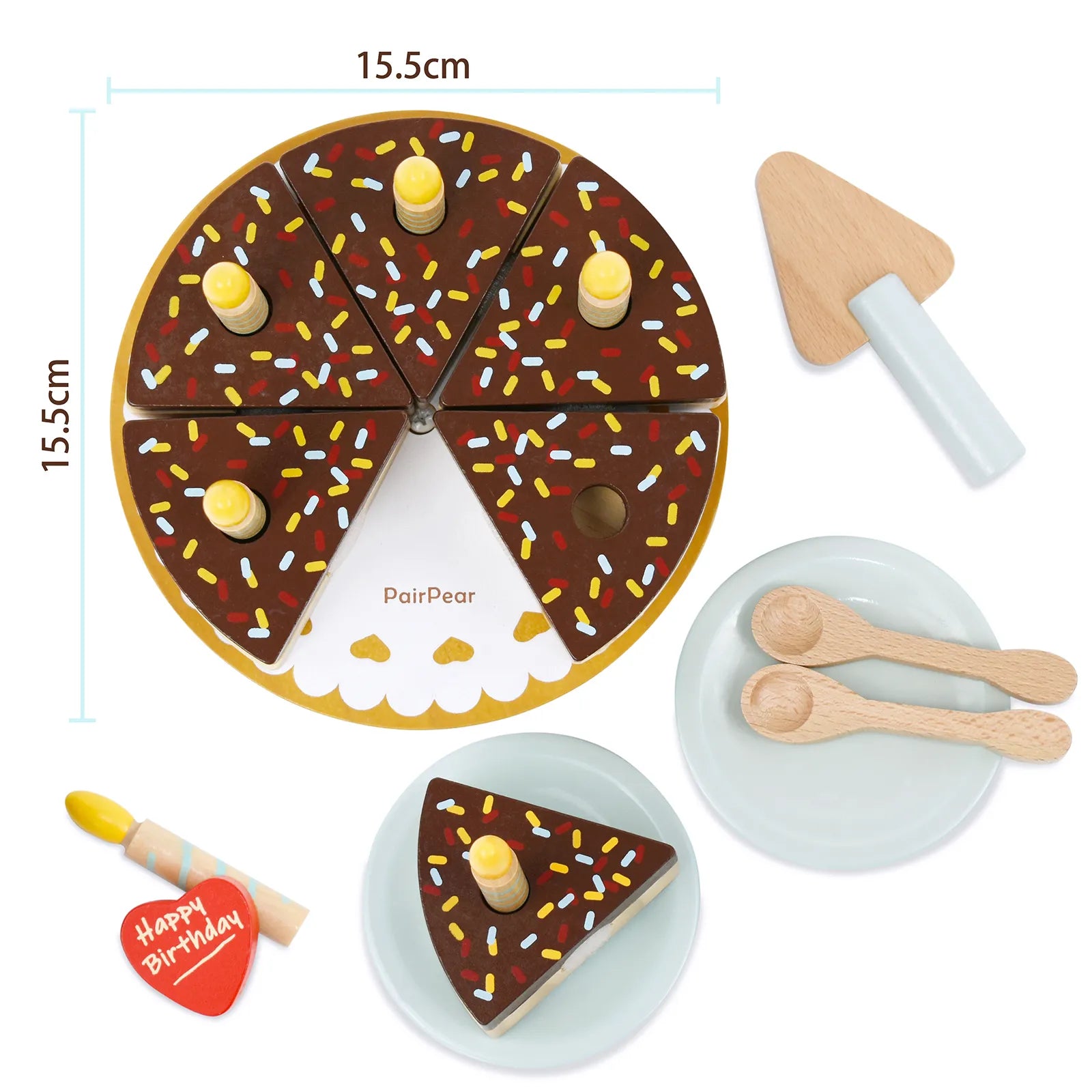 Dimensions of the toddler wooden birthday cake toy. The 15.5cm wide pretend play food chocolate cake is the perfect size for kids tea party games.