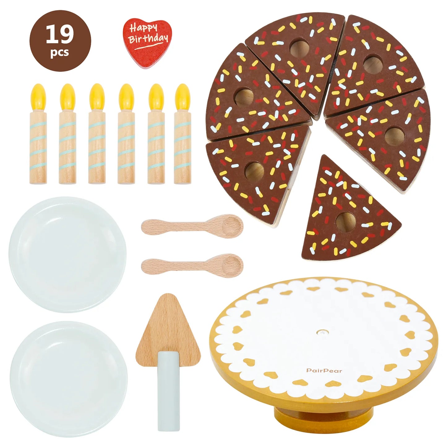 Complete 19-piece kids wooden birthday cake toy set. This pretend play food kit includes cuttable chocolate slices, candles, plates, and a cake stand.