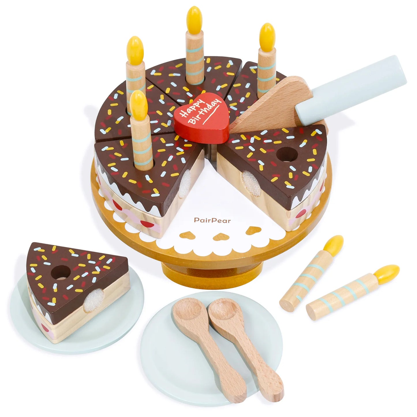 Detailed view of the cuttable wooden birthday cake toy for toddlers. Features velcro connections for a fun pretend play food slicing experience.