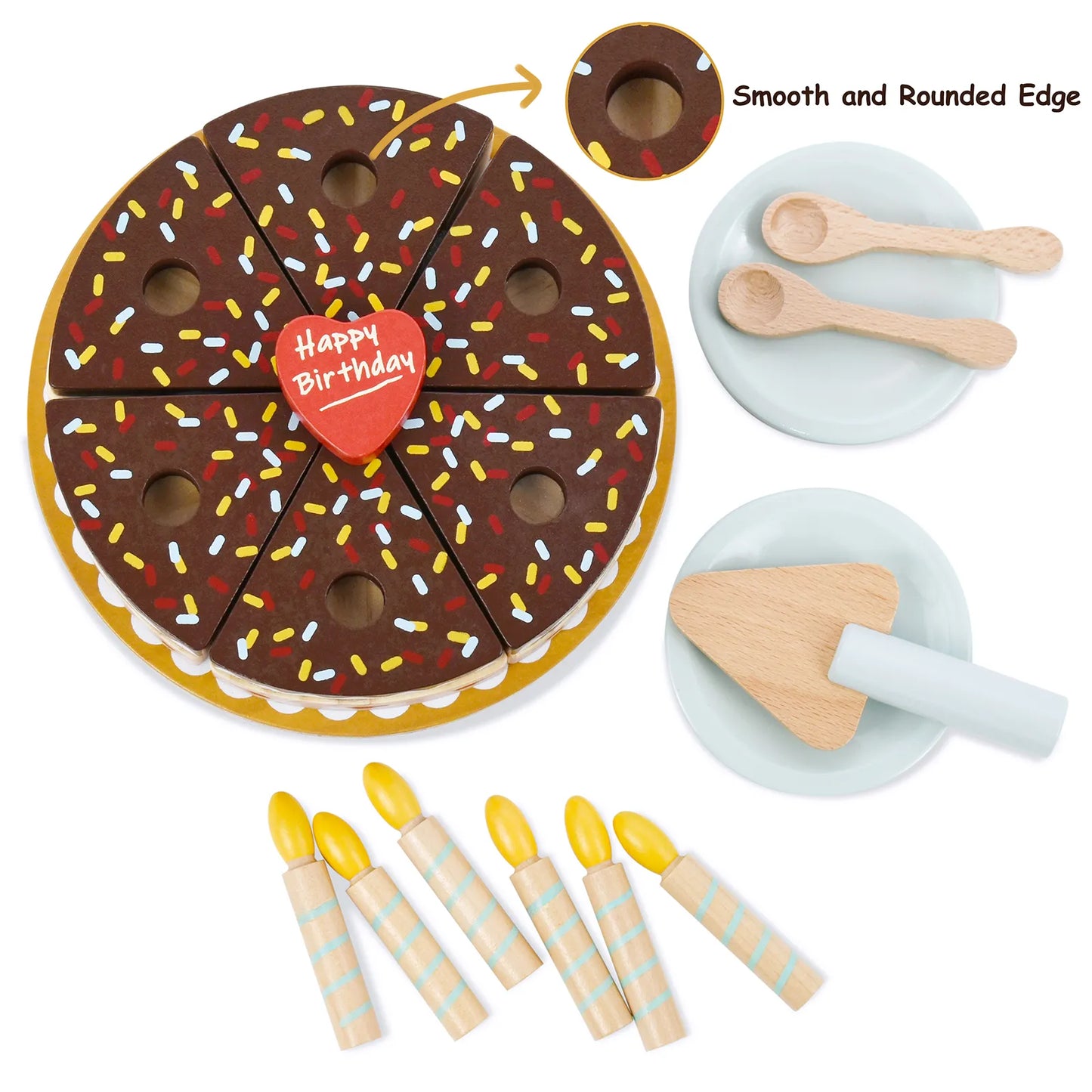 Safe kids wooden birthday cake toy featuring smooth and rounded edges. High-quality, non-toxic pretend play food designed for toddler safety.