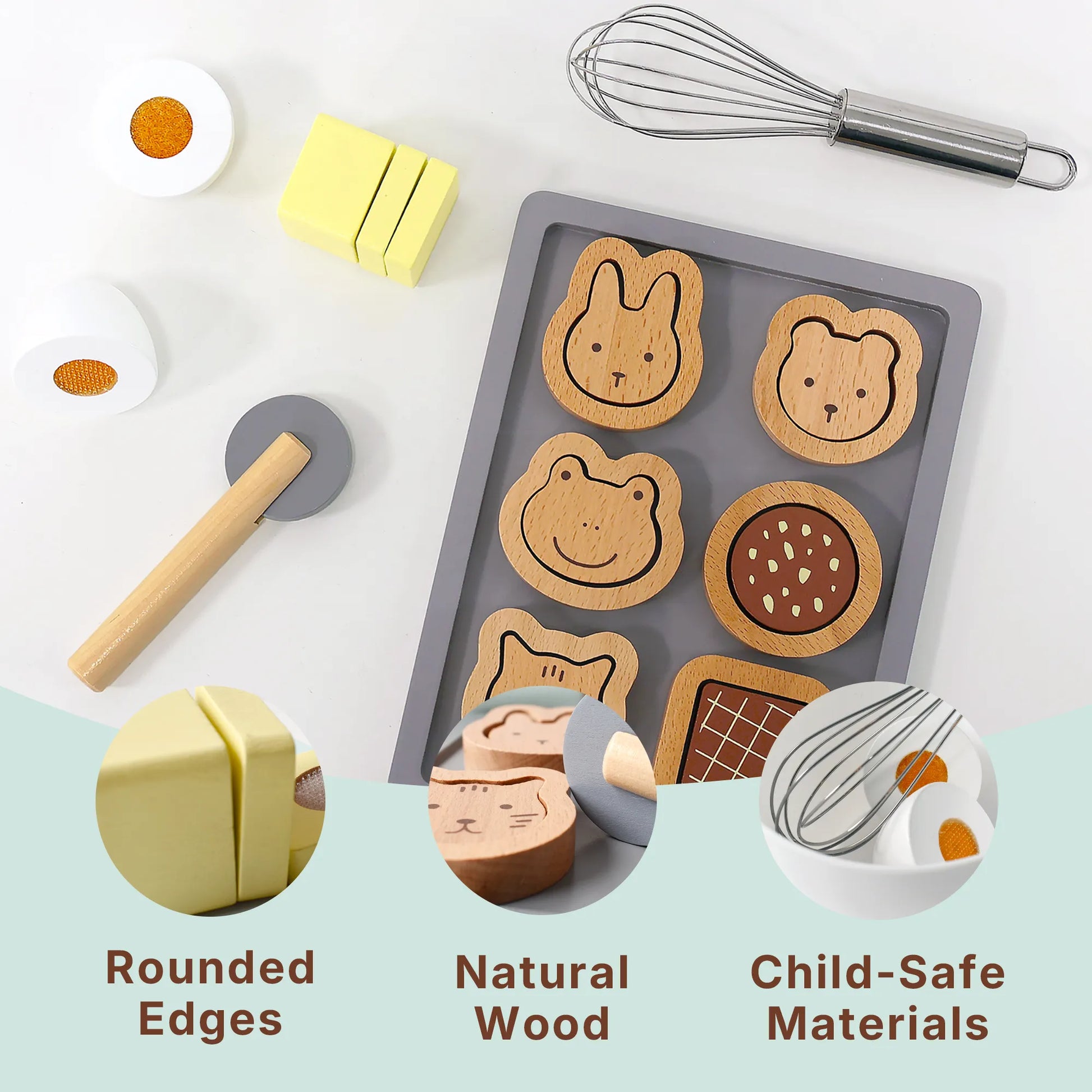 Details of the safe wooden baking toys for kids. Showcasing natural wood, rounded edges, and child-safe materials in this pretend play food set.