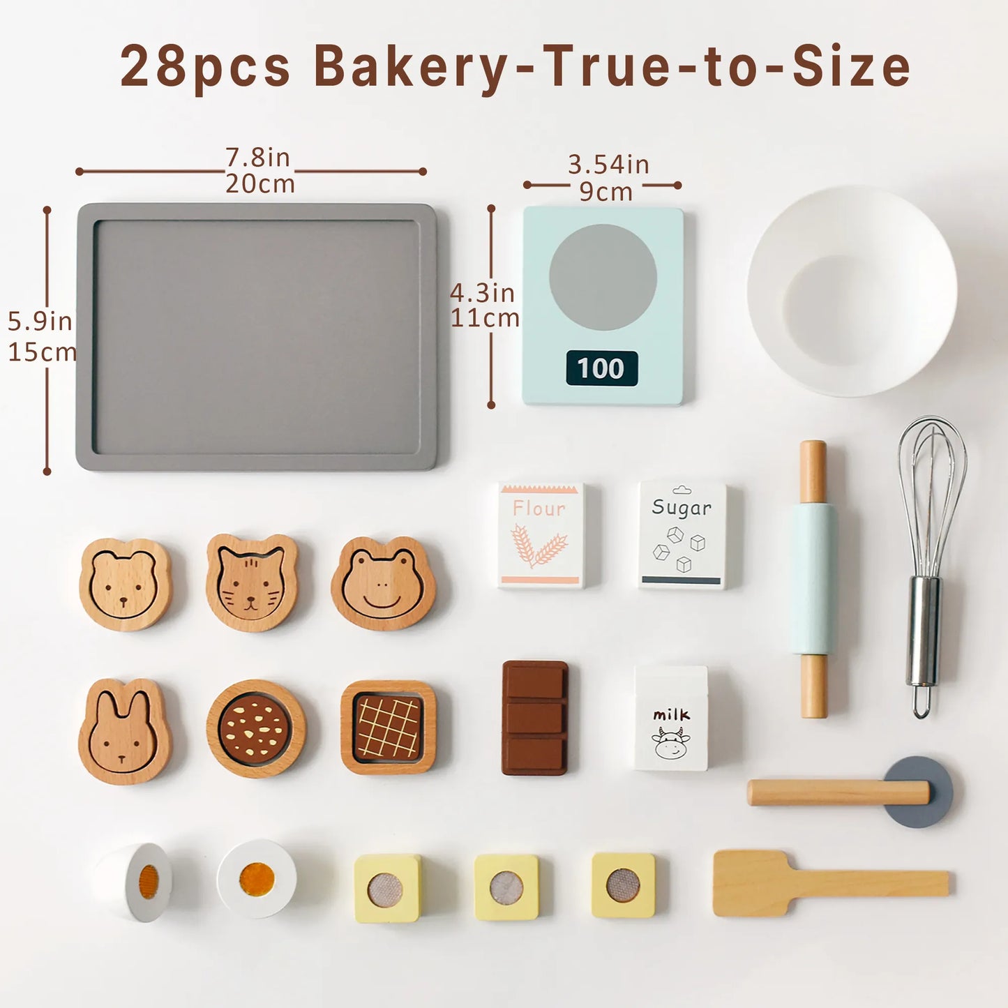True-to-size dimensions of the 28-piece kids wooden baking set. Features a 7.8-inch play baking tray, toy scale, and pretend kitchen food items.