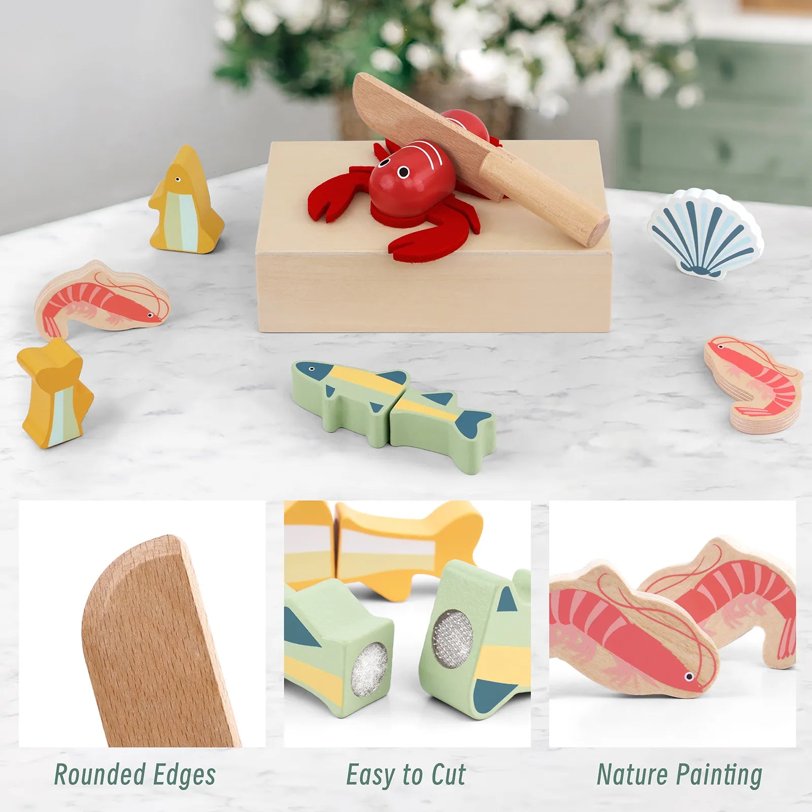 PairPear wooden seafood play food set with toy knife cutting lobster. Features safe rounded edges, non-toxic paint, and velcro for easy slicing