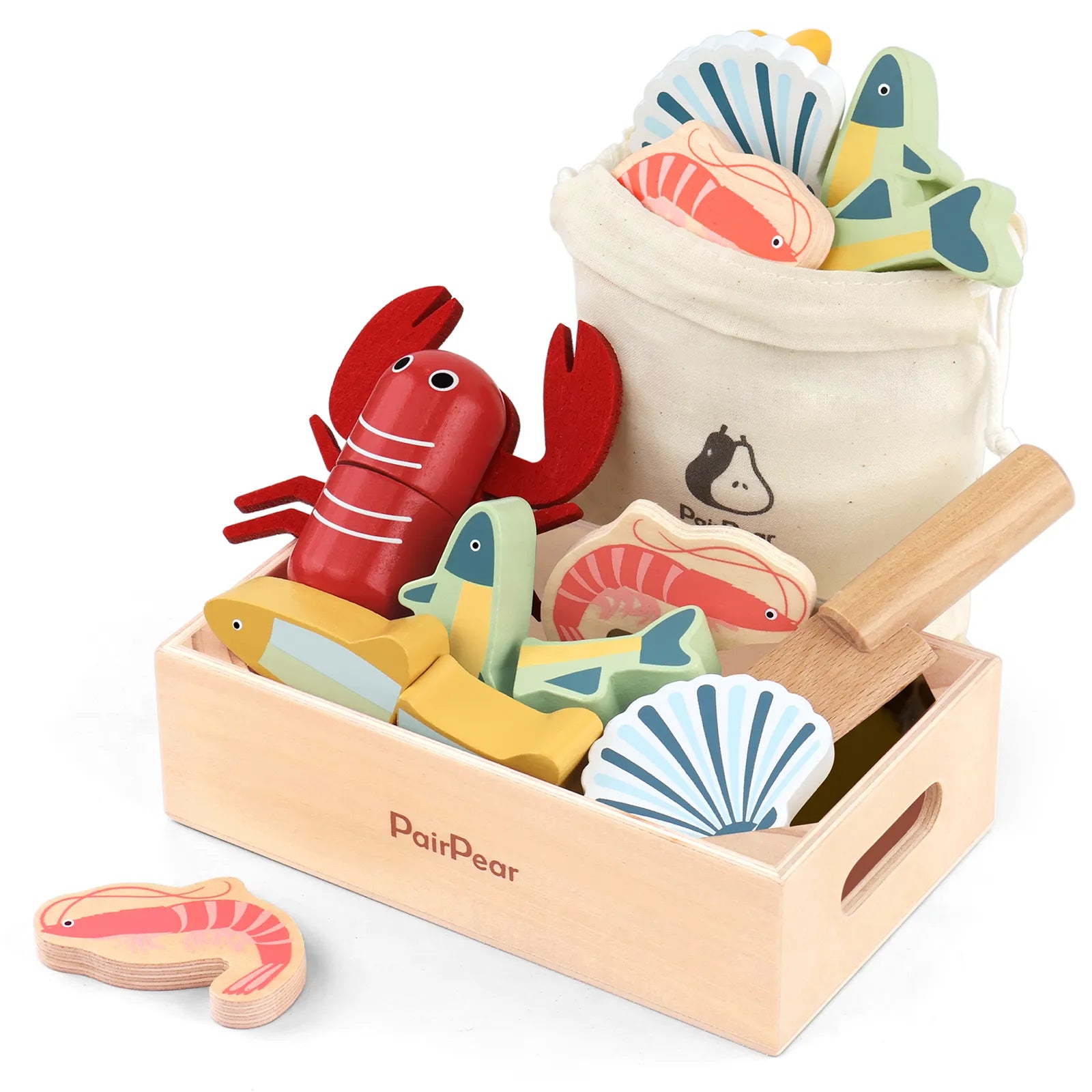 PairPear wooden pretend play food set displayed in a branded wooden crate and canvas bag. Includes toy lobster, fish, shrimp, and scallop