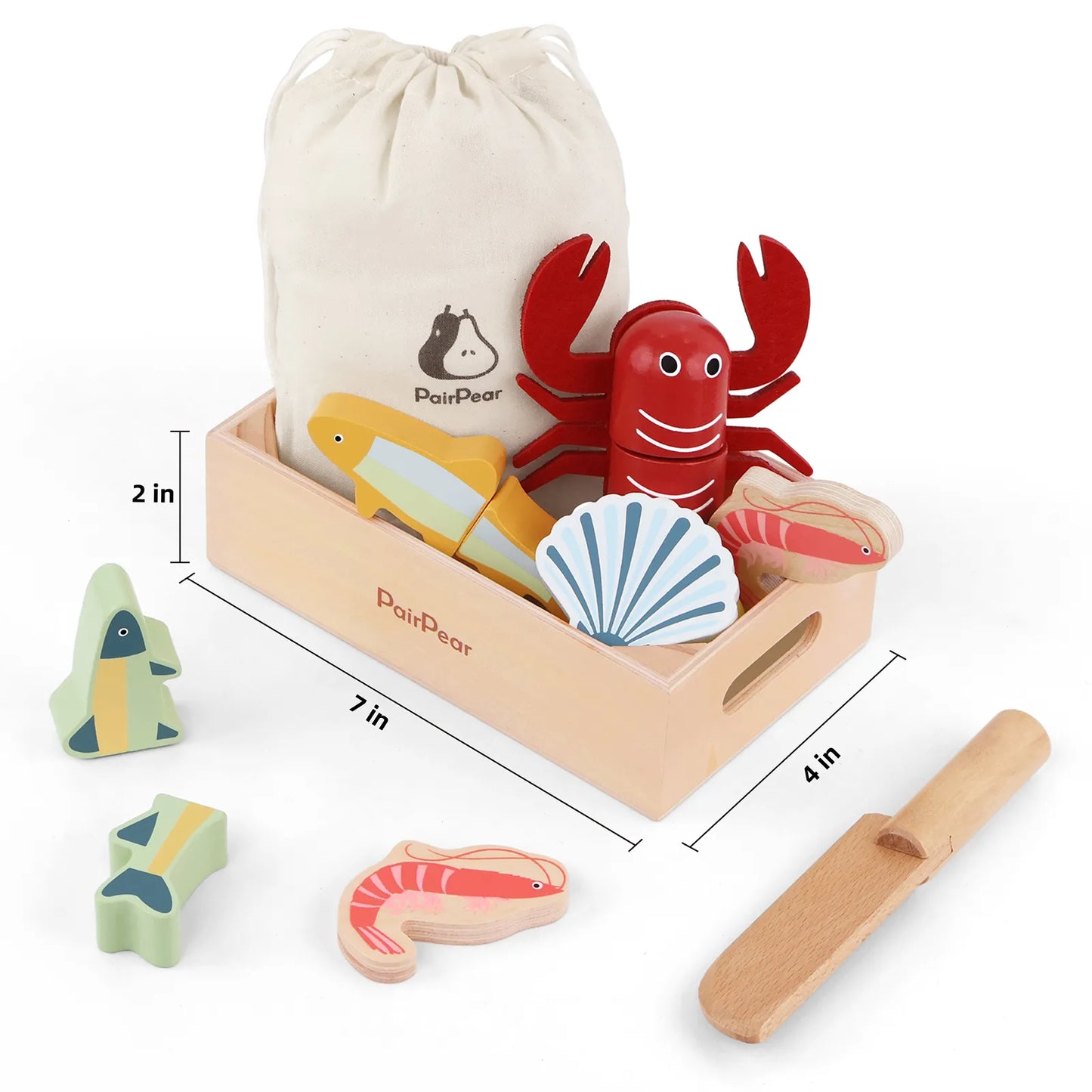 Dimensions of PairPear wooden play food set. The compact storage crate measures 7x4x2 inches, perfectly sized for toddler hands and play kitchens