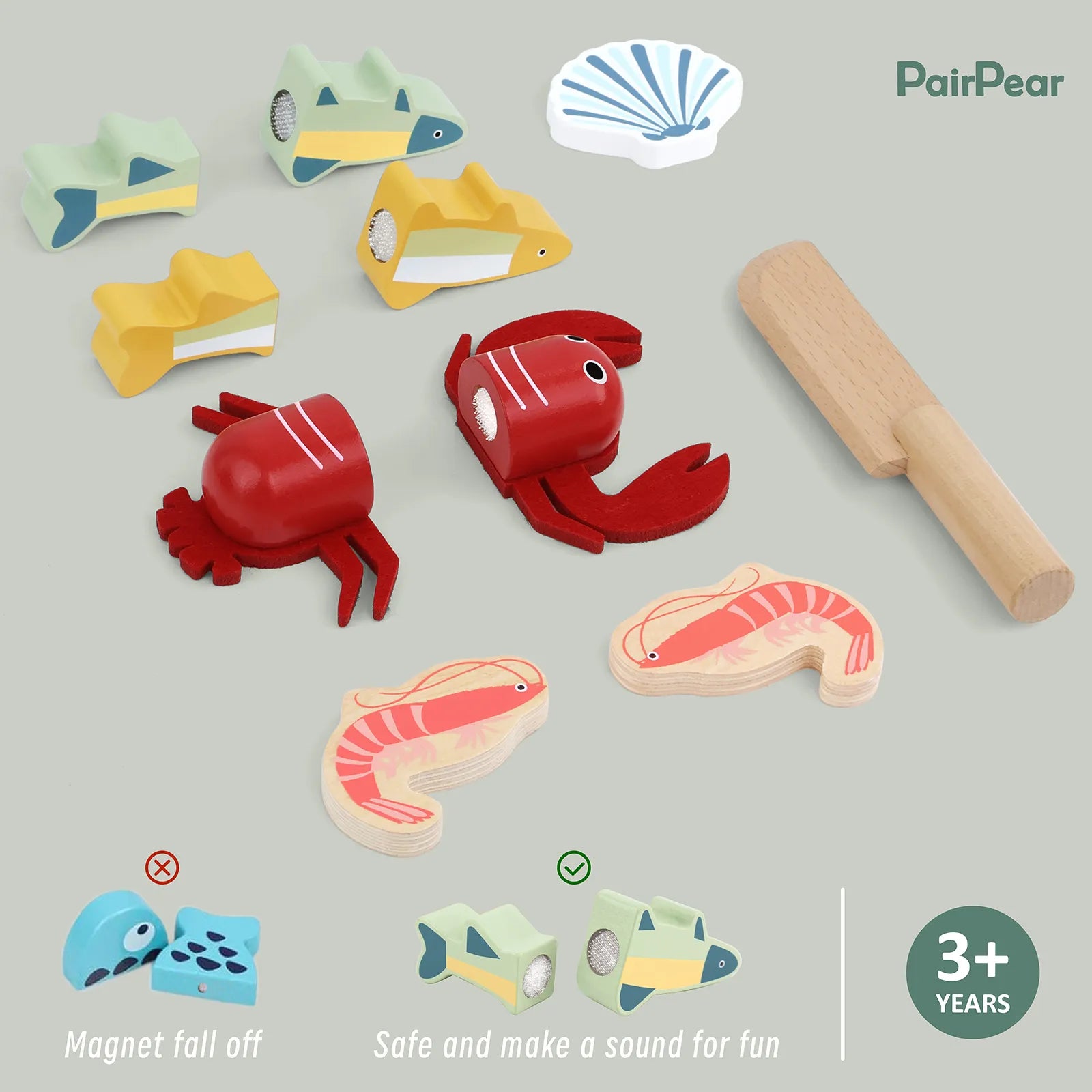 Safe wooden cutting toys for ages 3+. Features secure velcro inside fish and lobster for a fun chopping sound, avoiding unsafe magnetic hazards