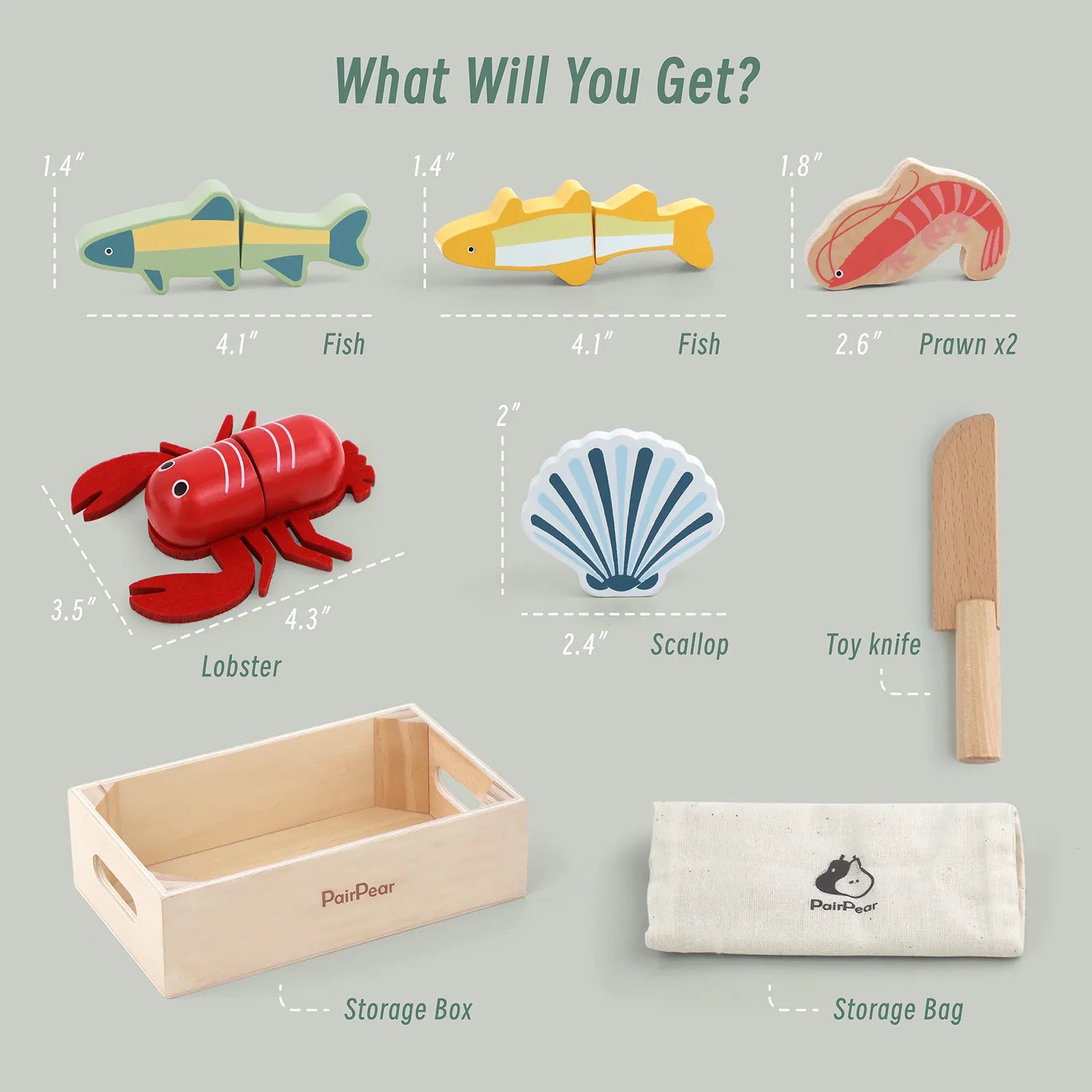 PairPear wooden seafood set contents: 2 cuttable fish, 1 lobster, 2 prawns, 1 scallop, toy knife, wooden storage box, and canvas bag