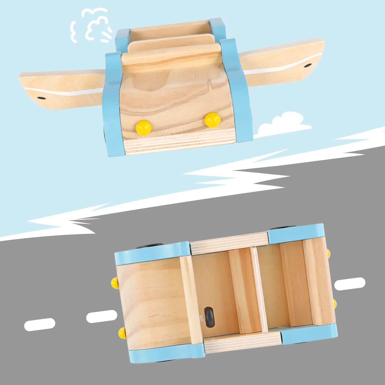Top and bottom views of a blue wooden toy car for kids. This pretend play dollhouse family car features smooth wheels for racing along imaginary roads.