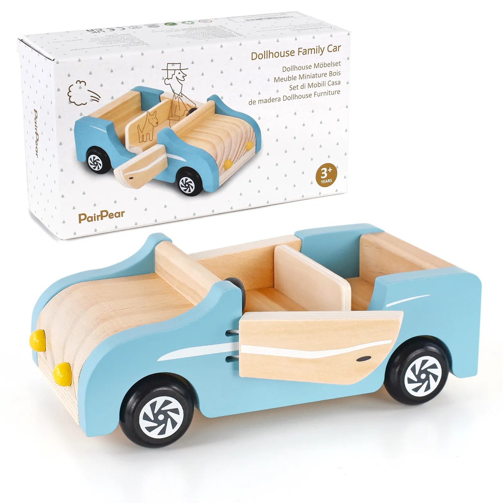 PairPear wooden dollhouse family car with original packaging. This 3+ kids toy features an openable door and is a perfect accessory for peg dolls.
