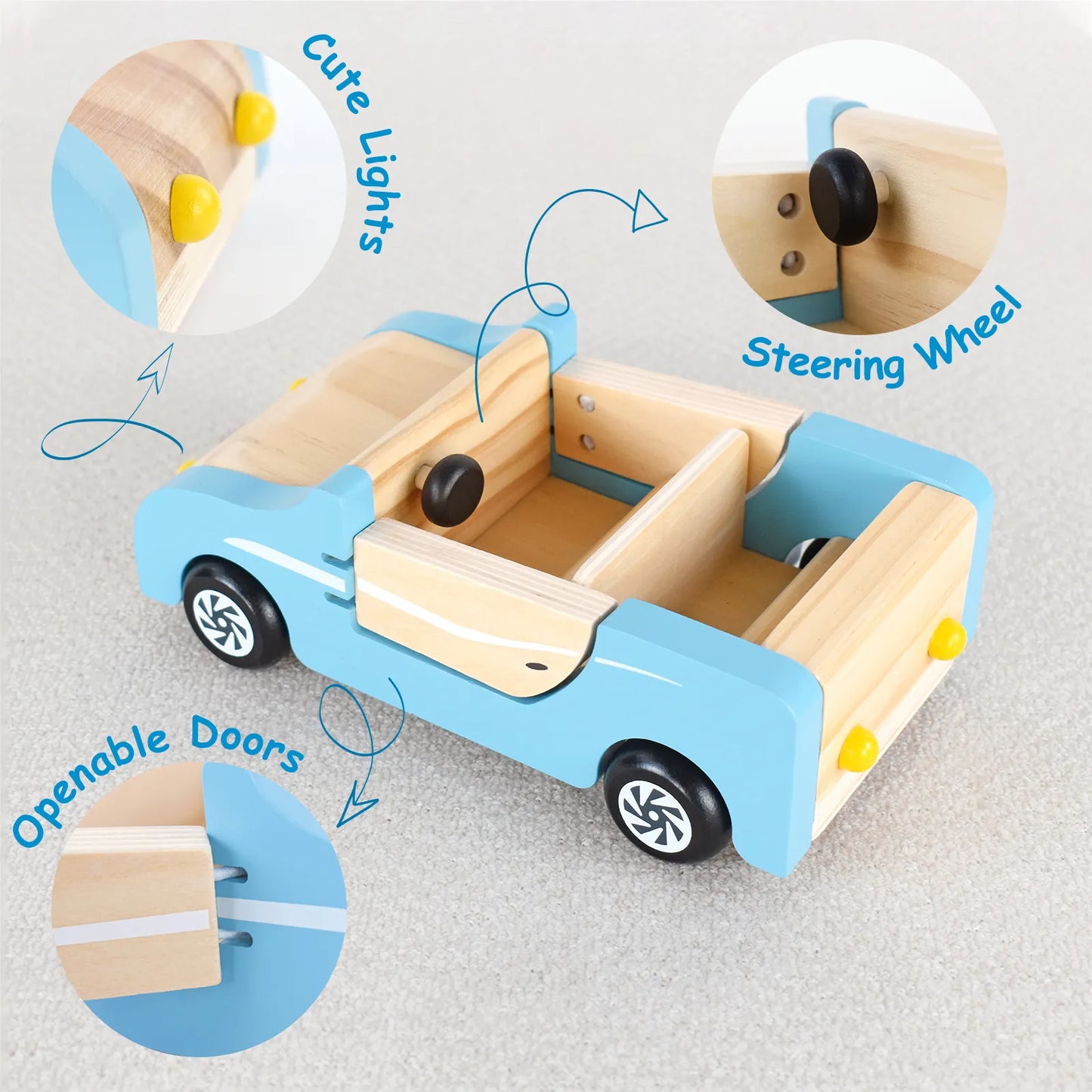 Details of the kids wooden toy car. Features openable doors, cute yellow headlights, and a small steering wheel, perfect for dollhouse pretend play.