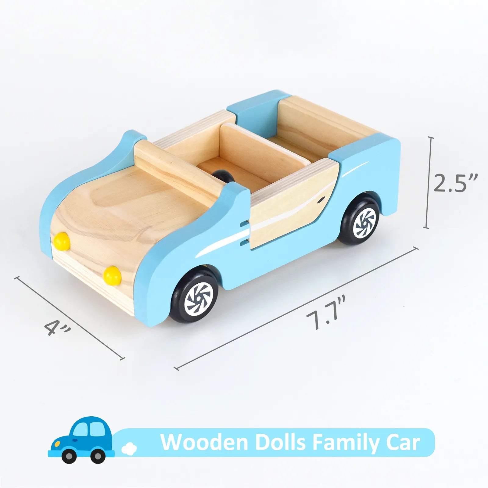 Dimensions of the wooden dollhouse family car. Measuring 7.7 inches long, this 4-seat blue toy car is perfectly sized for miniature peg dolls.