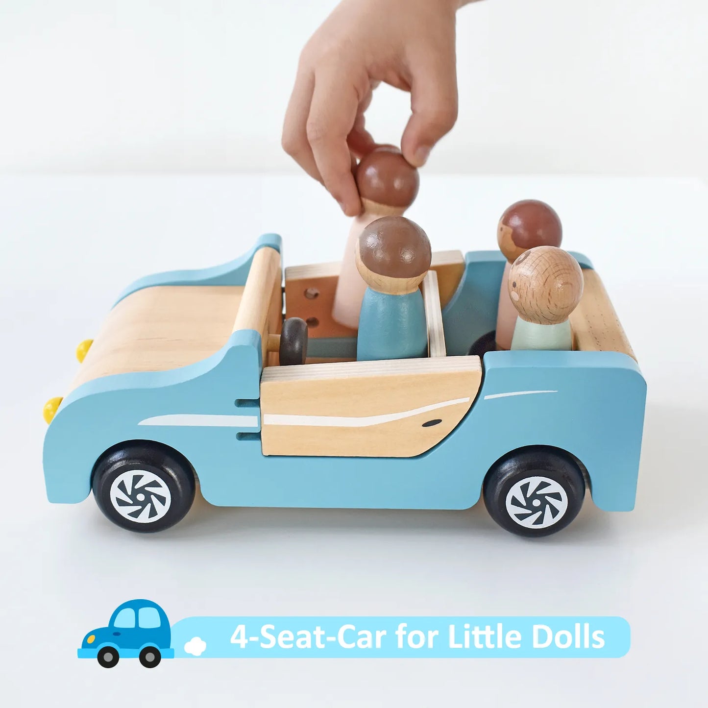 Child's hand placing peg dolls into a 4-seat wooden toy car. This interactive dollhouse family car encourages toddlers to engage in pretend play.