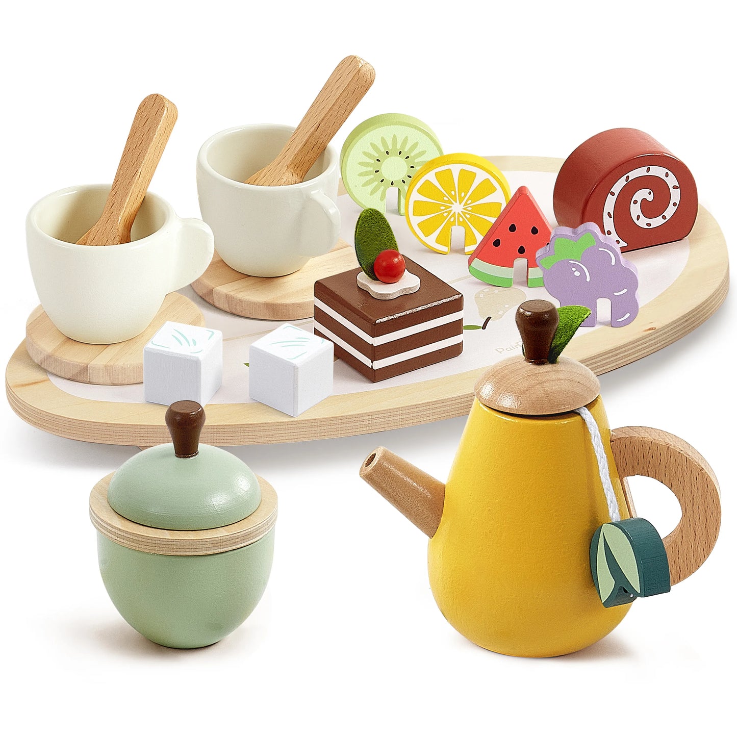 PairPear wooden tea party set for kids. This pretend play food toy features a yellow teapot, teacups, cakes, and fruit slices on a serving tray