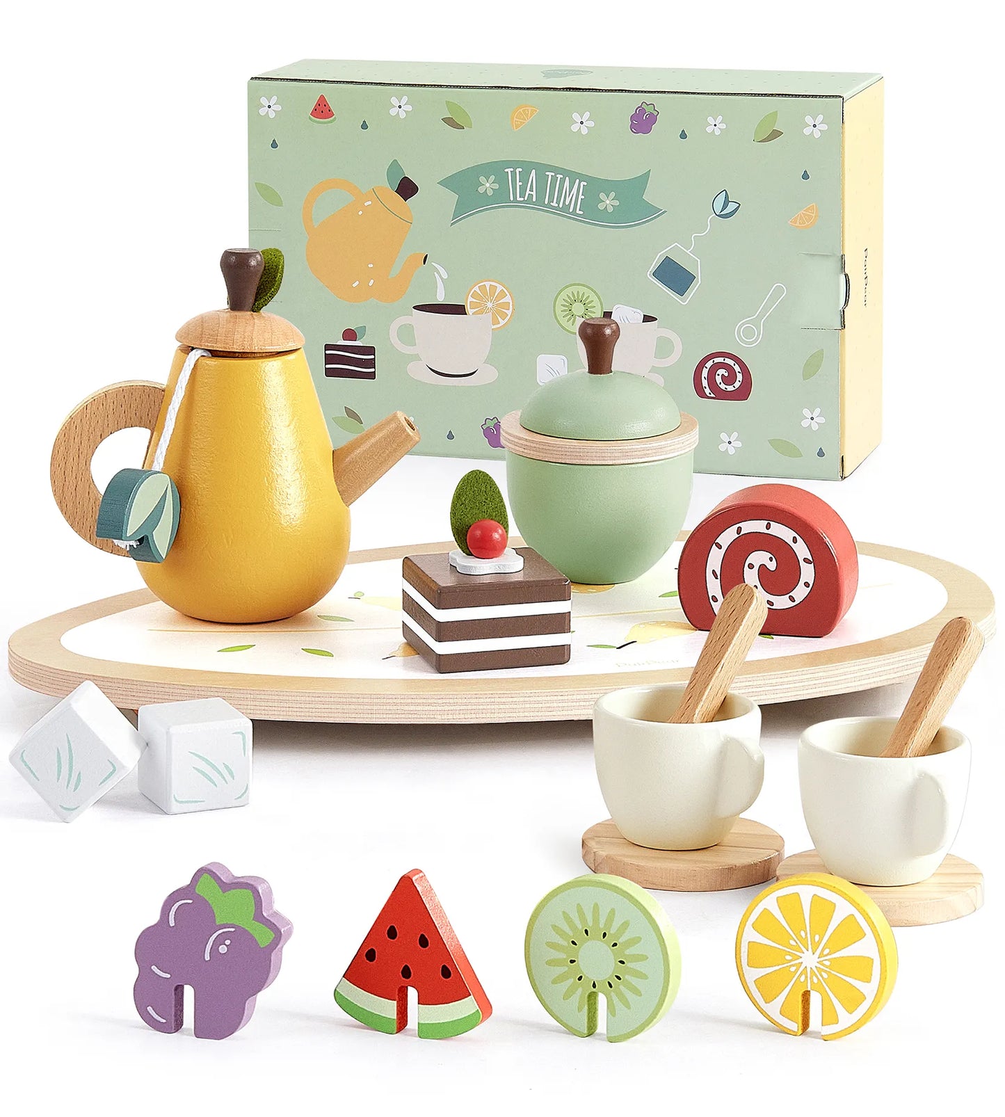 Beautifully packaged kids wooden tea party set. This toddler pretend play toy includes a teapot, teacups, play food desserts, and a gift box