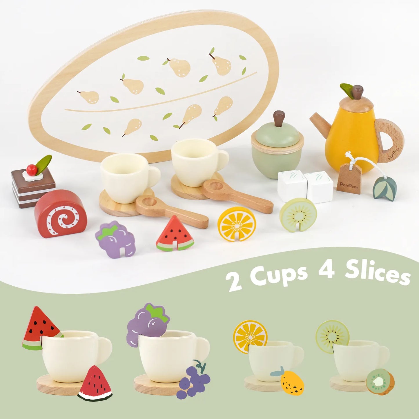 Close-up of the wooden play food tea set. Toddlers can attach the pretend kiwi, orange, and watermelon fruit slices to the teacups for fun play