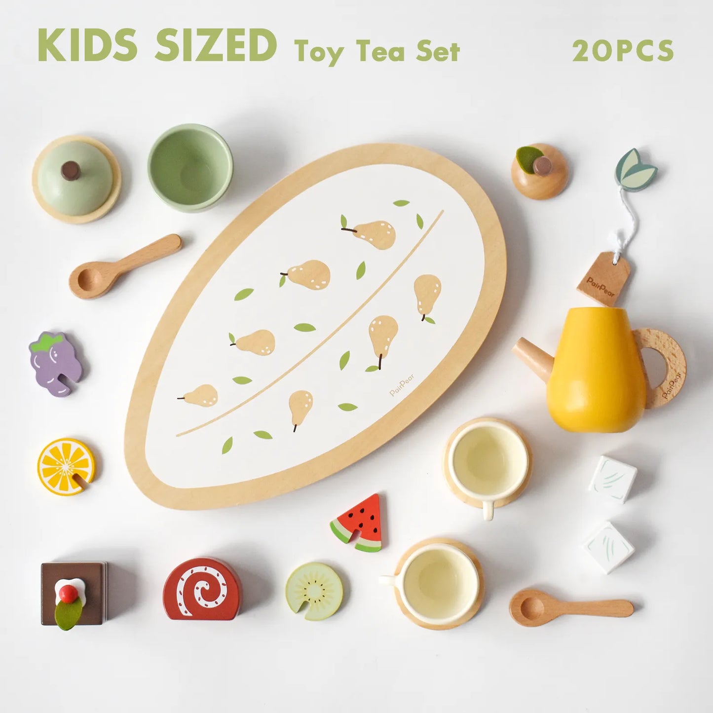 Overhead flat lay of the complete 20-piece wooden tea set for kids. This pretend play kitchen toy includes a serving tray, teapot, cups and cakes