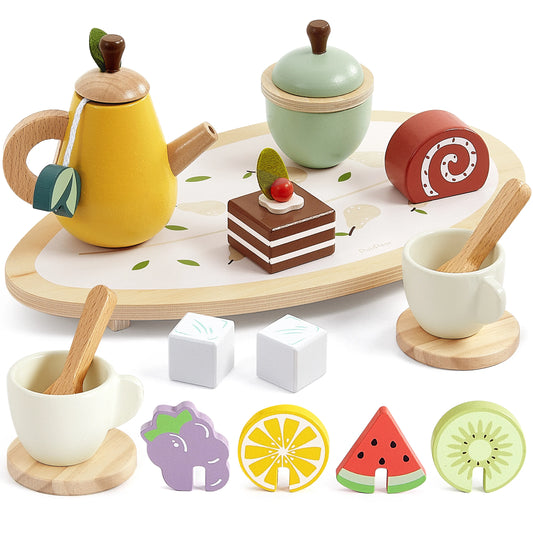 Classic kids wooden tea party set for imaginative play. Features a smooth serving tray, wooden teapot, sweet desserts, and colorful fruit play food