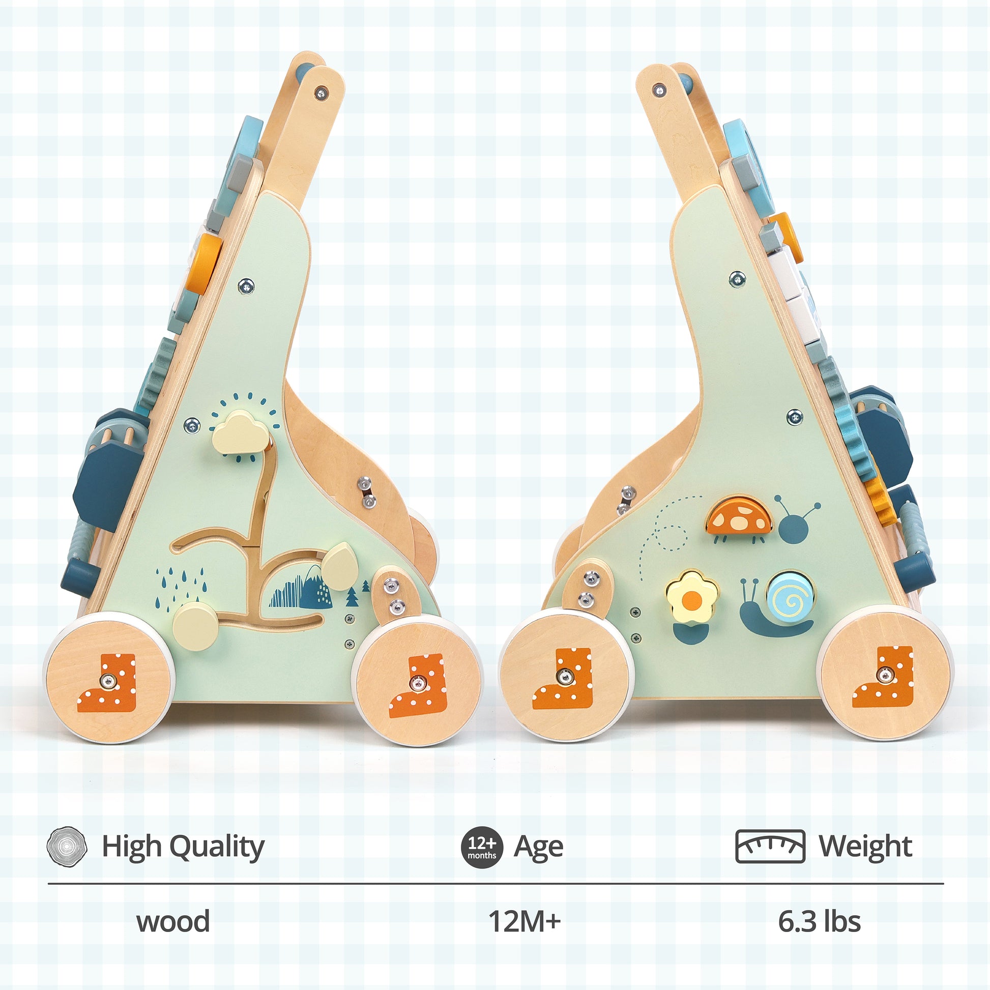 High-quality wooden baby walker side view. This sturdy 6.3 lbs toddler push toy is designed for kids 12+ months to learn walking safely.