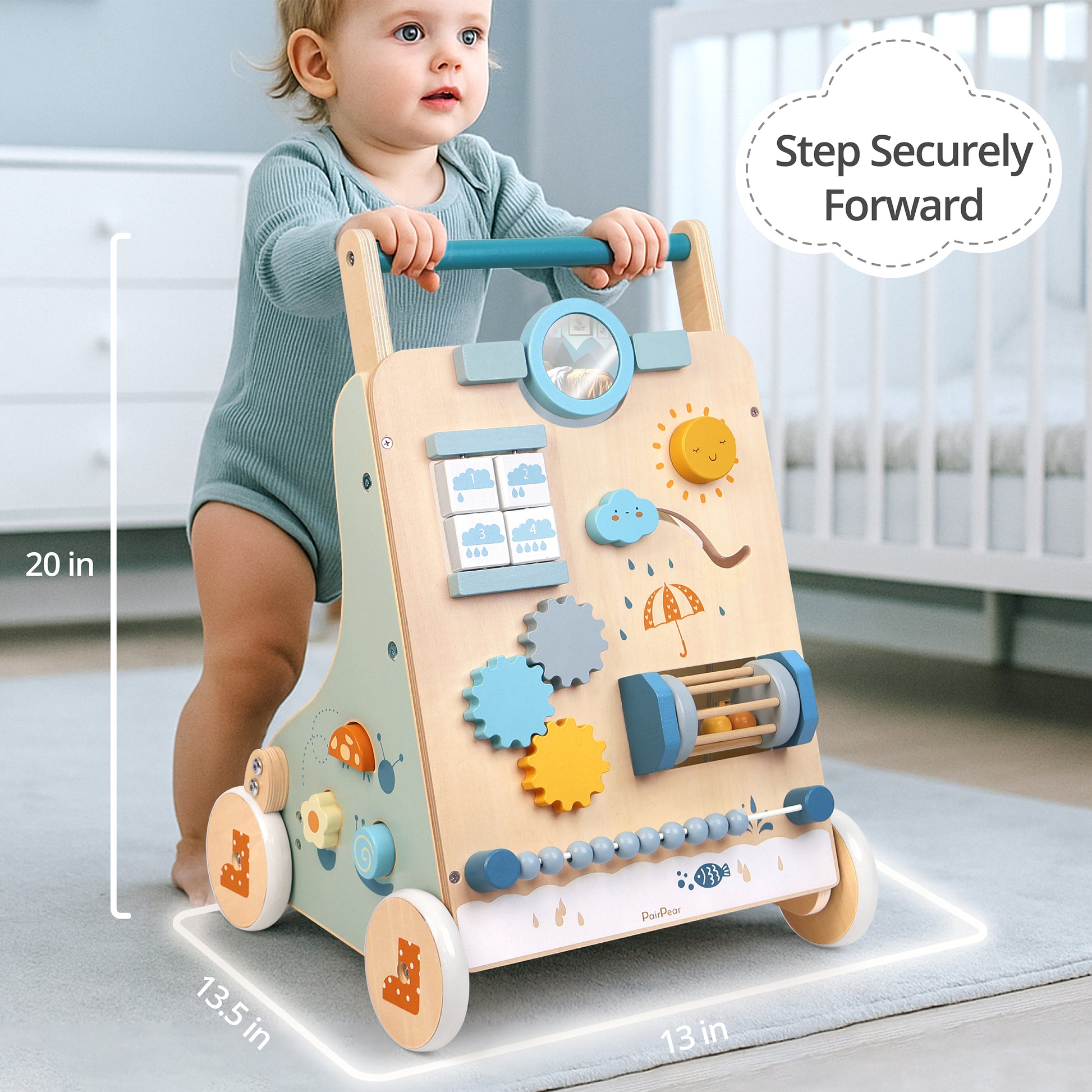 Toddler safely using a wooden baby push walker. Measuring 20 inches tall, this sit-to-stand learning toy helps infants step securely forward.