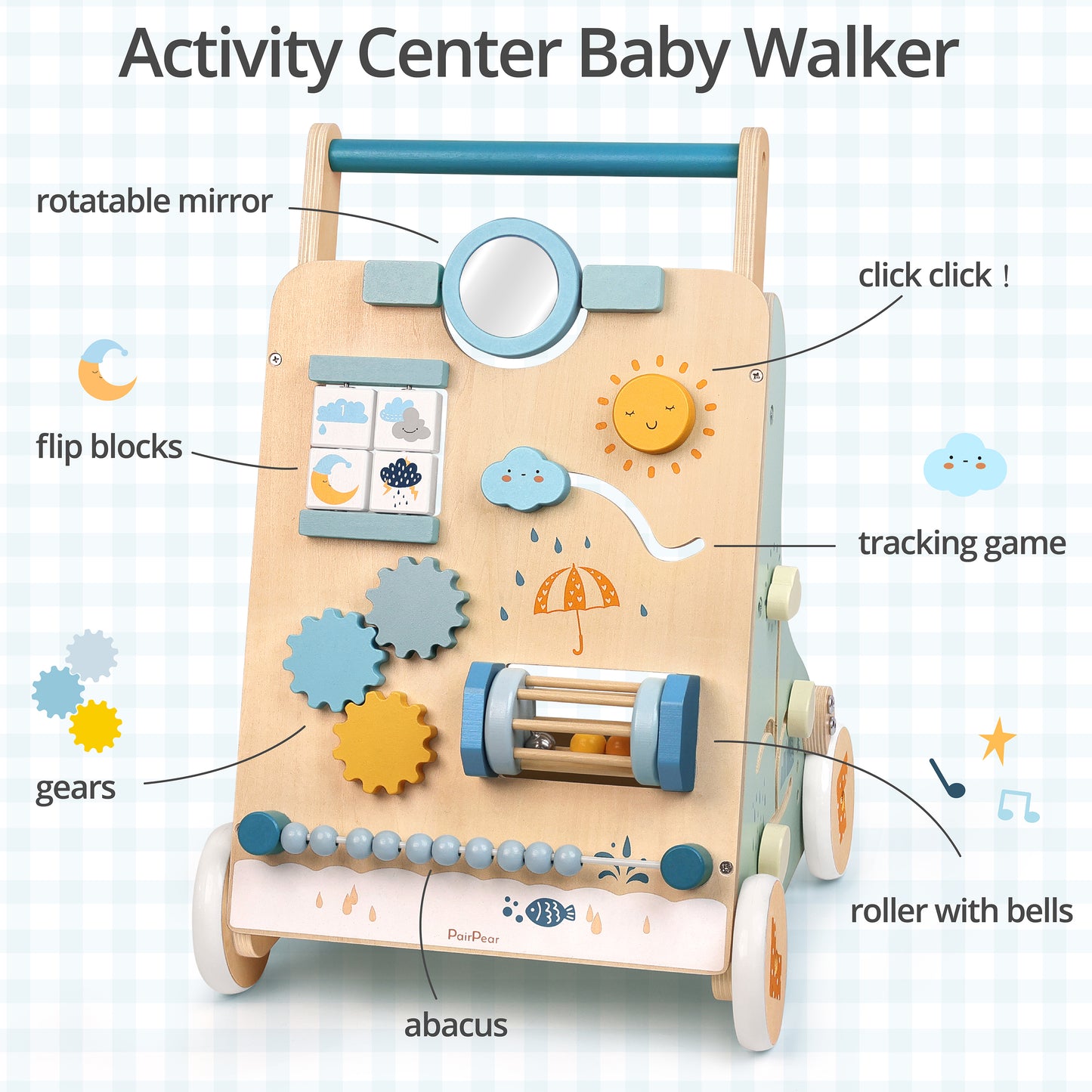 Educational wooden baby activity center walker. The front panel features a rotatable mirror, gears, flip blocks, and an abacus for motor skills.