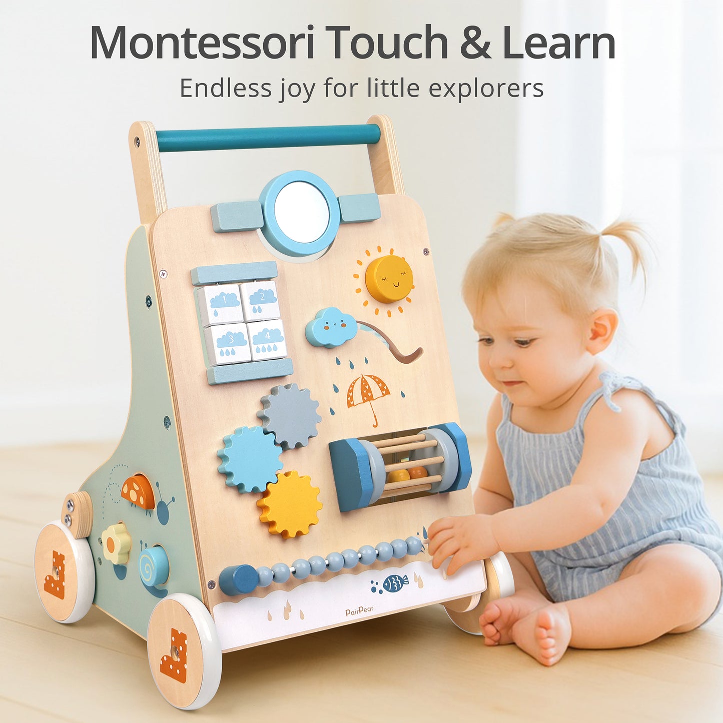 Sitting infant interacting with the Montessori wooden baby walker. This touch-and-learn activity center provides endless joy for little explorers.