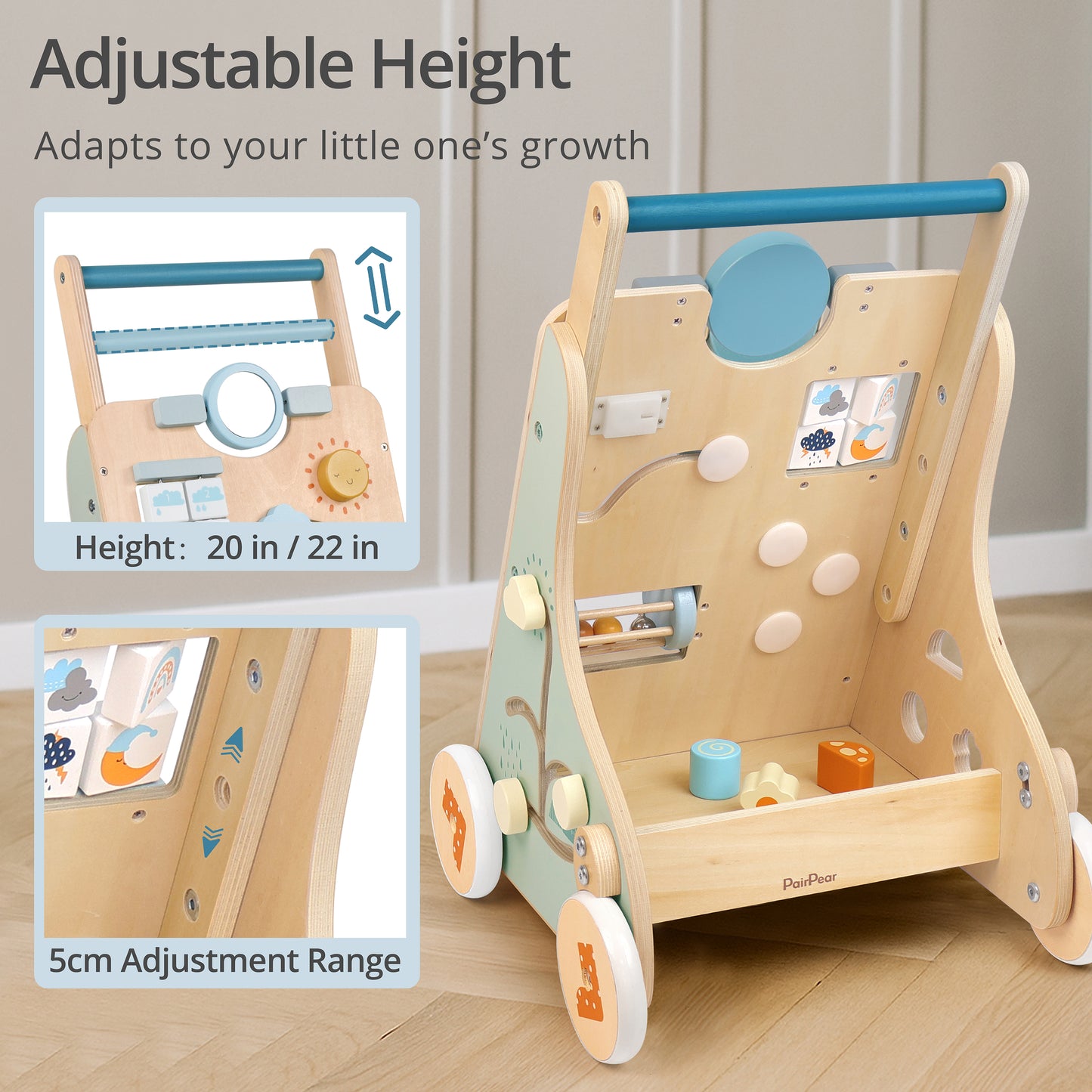 Adjustable height wooden baby push walker. The handle extends from 20 to 22 inches, perfectly adapting to your little one's growth and walking stages.