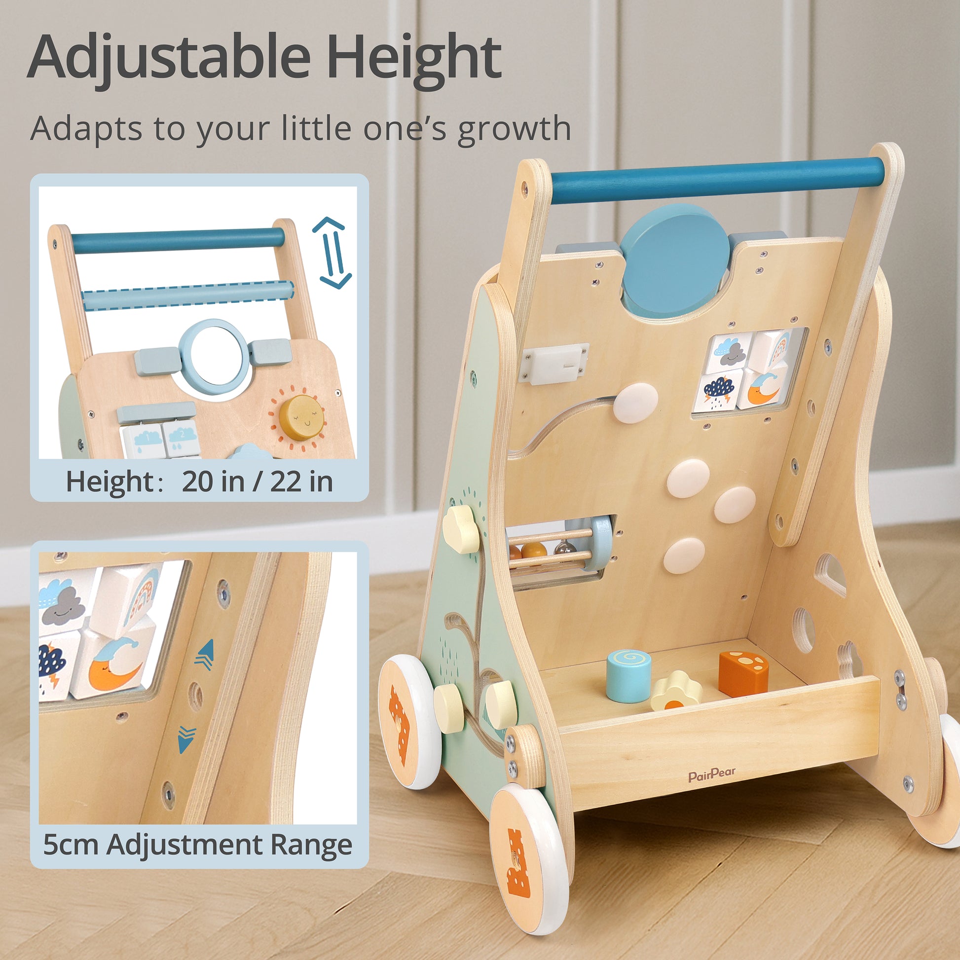 Adjustable height wooden baby push walker. The handle extends from 20 to 22 inches, perfectly adapting to your little one's growth and walking stages.