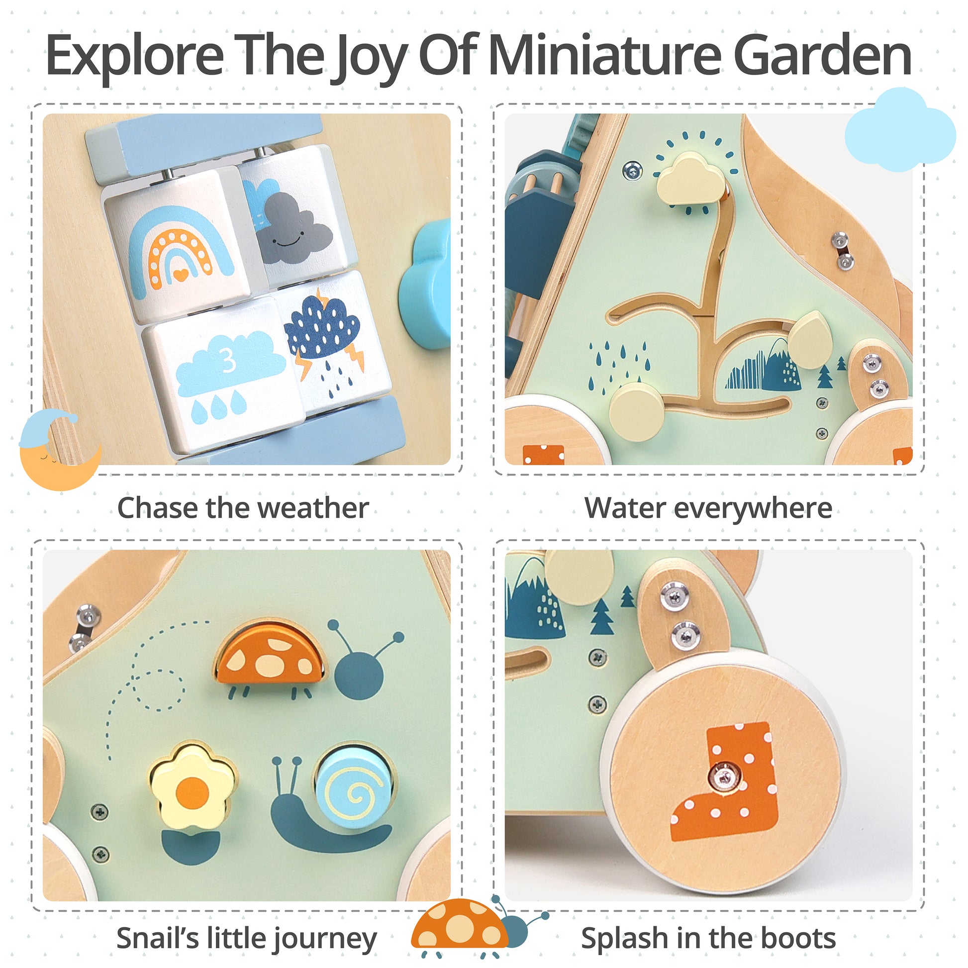 Close-up details of the wooden baby walker activity center. Features a miniature garden theme with weather blocks, tracking maze, and cute bugs.