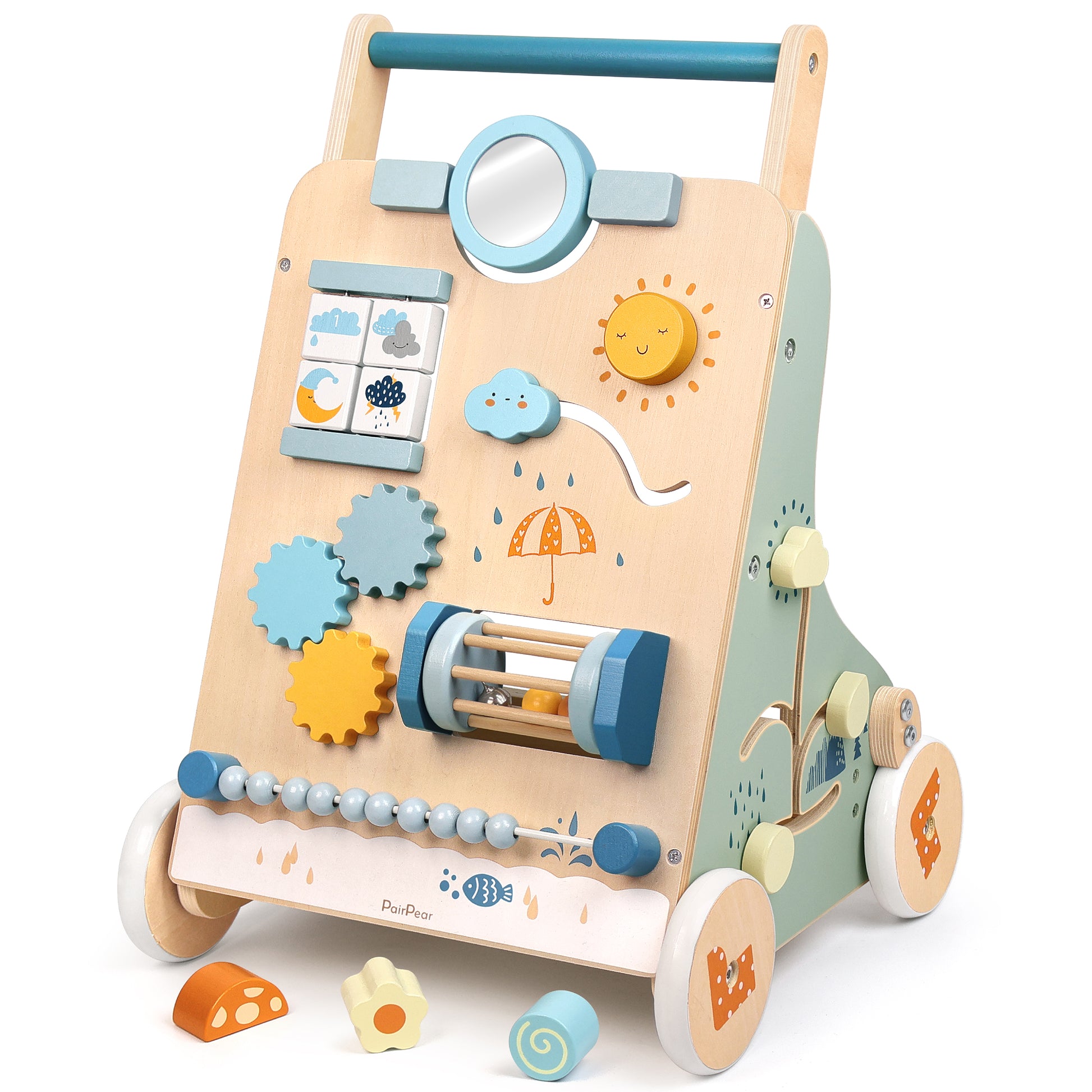 Complete PairPear wooden baby walker and activity center. This versatile toddler push toy includes colorful wooden shapes for sorting and learning.