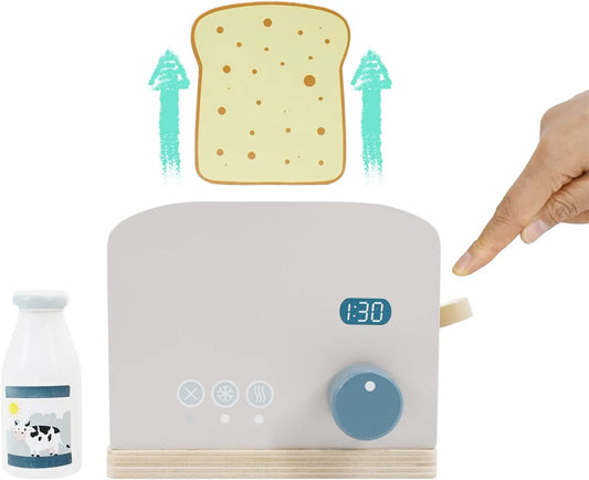 Interactive wooden toaster toy for kids showing pop-up action with play bread. This pretend play kitchen accessory includes a toy milk bottle