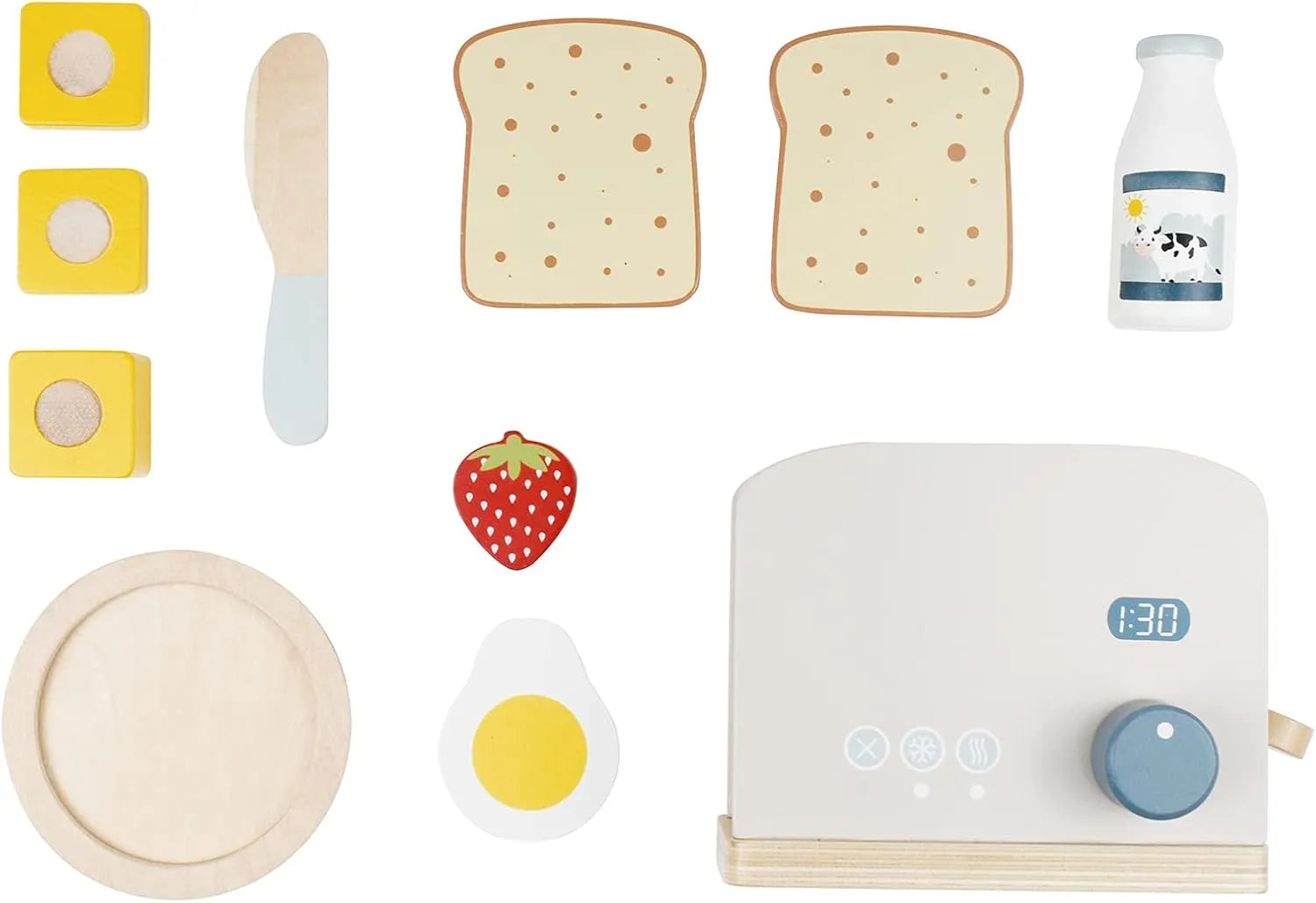 Complete kids wooden play food breakfast set featuring a toy toaster, sliced bread, butter, fried egg, milk, and plate for pretend play kitchen