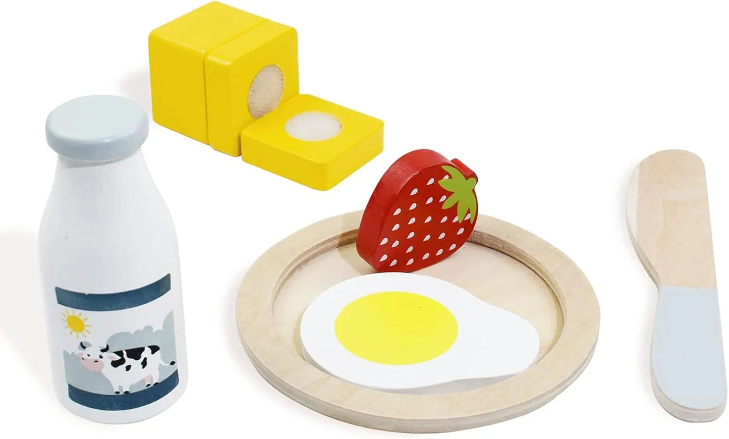 Detailed wooden play food accessories including a toy milk bottle, cuttable butter blocks, a wooden knife, and a plate with an egg and strawberry