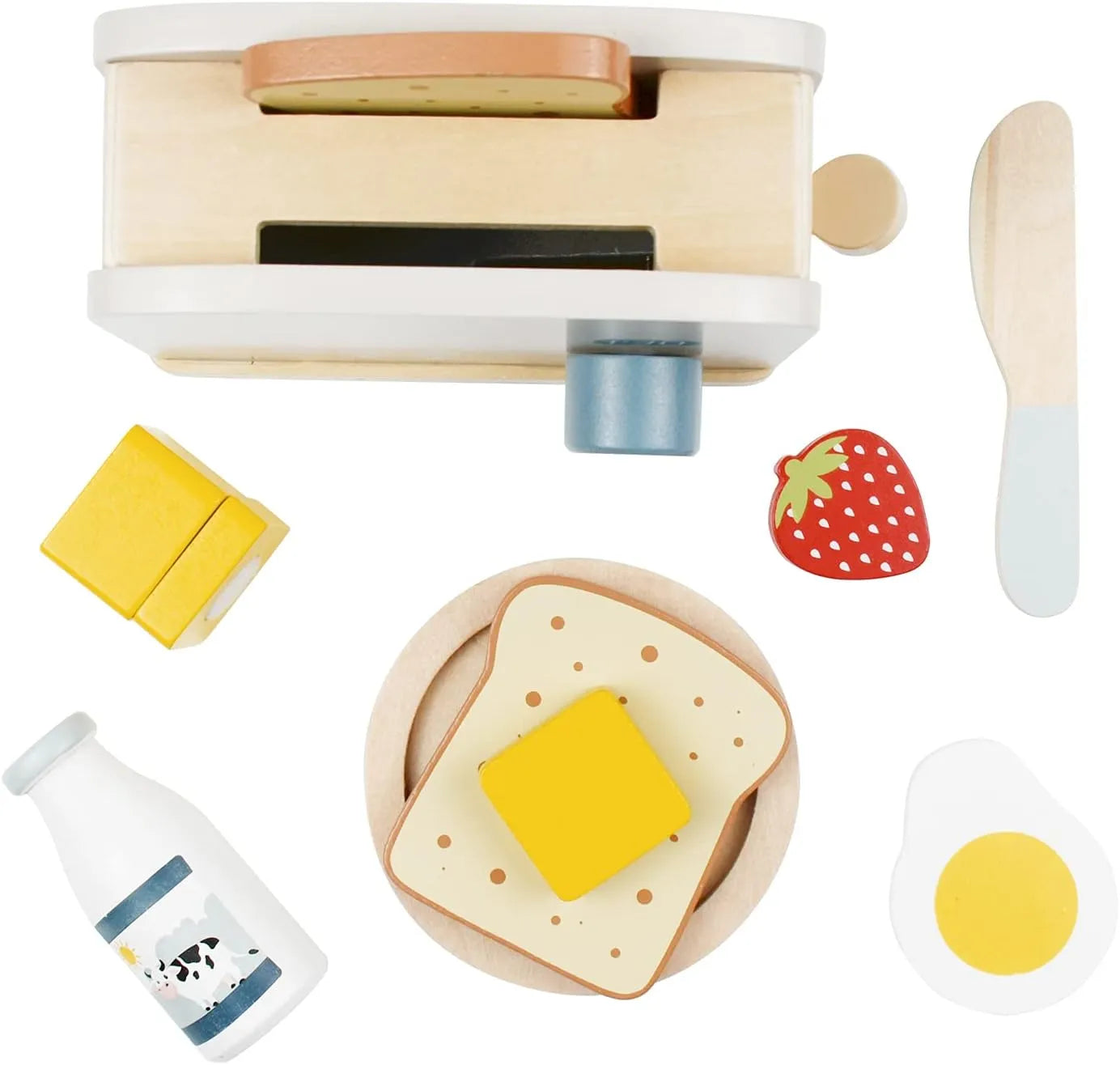 Top-down view of a wooden kids toaster playset. This toddler breakfast play food set features pretend bread, cuttable butter, egg, and a milk bottle