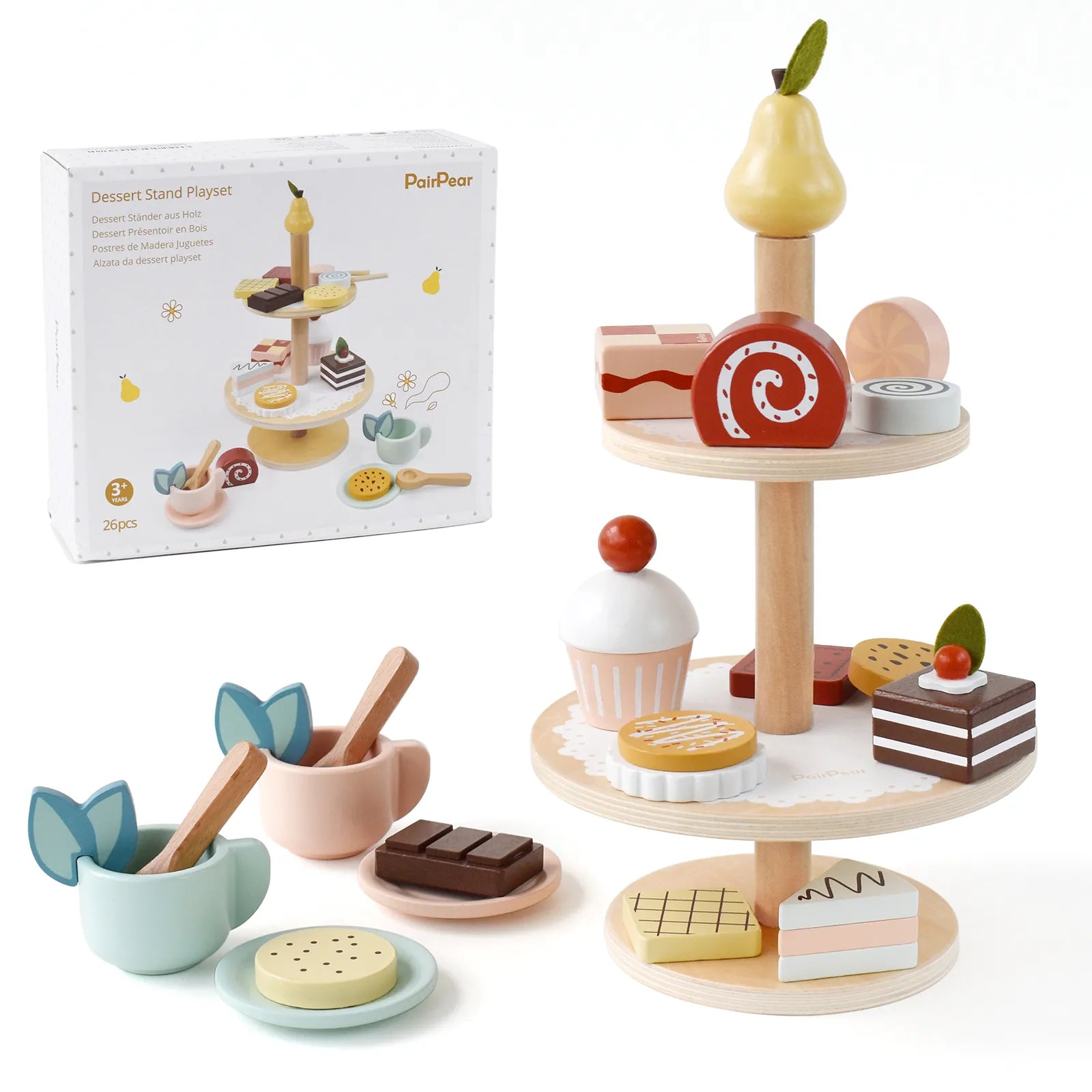 PairPear wooden dessert stand playset with original packaging. This children's pretend play tea set includes a cake stand, teacups, and sweets