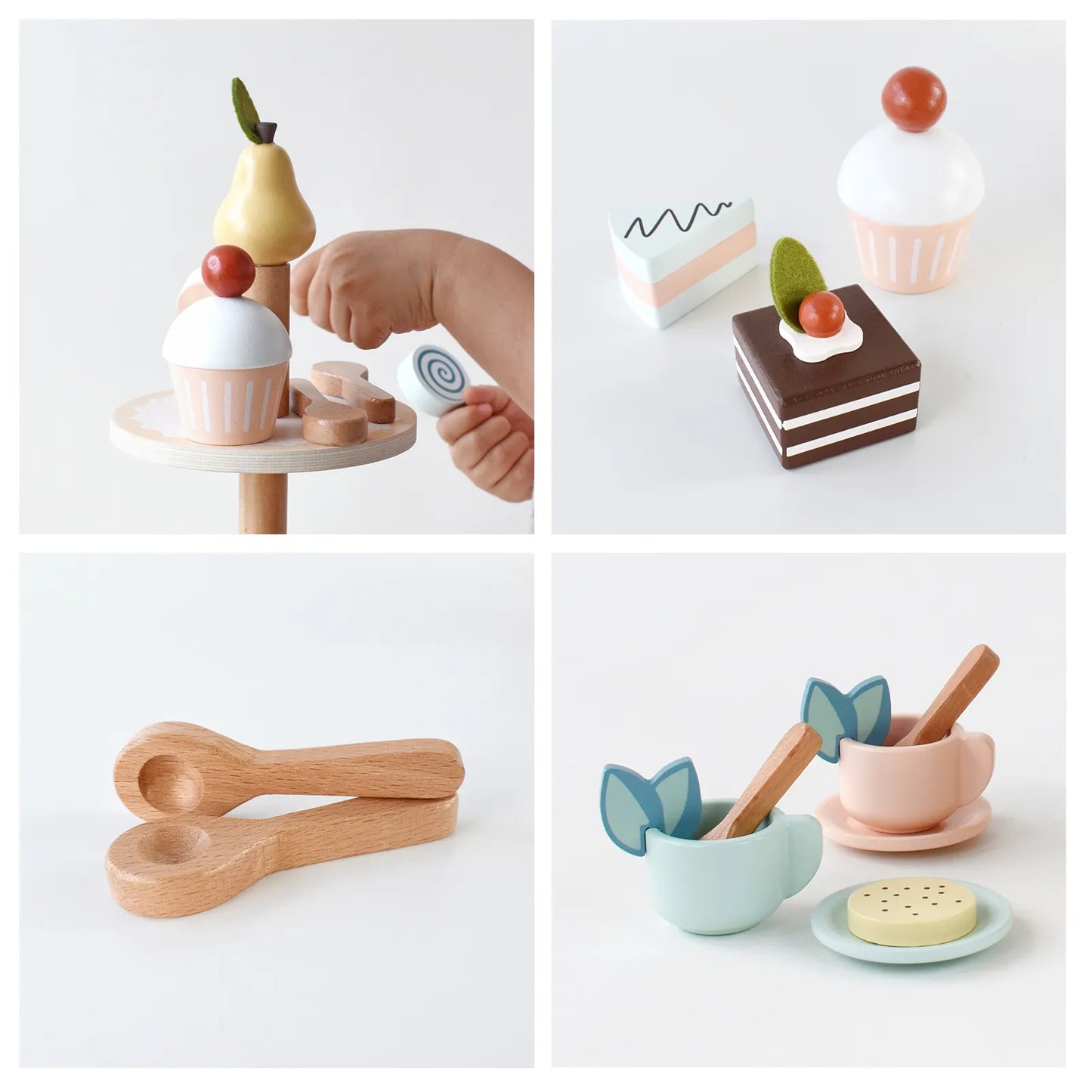 Close-up details of the kids wooden tea set showing a toddler playing, realistic painted cakes, smooth wooden spoons, and cute toy teacups