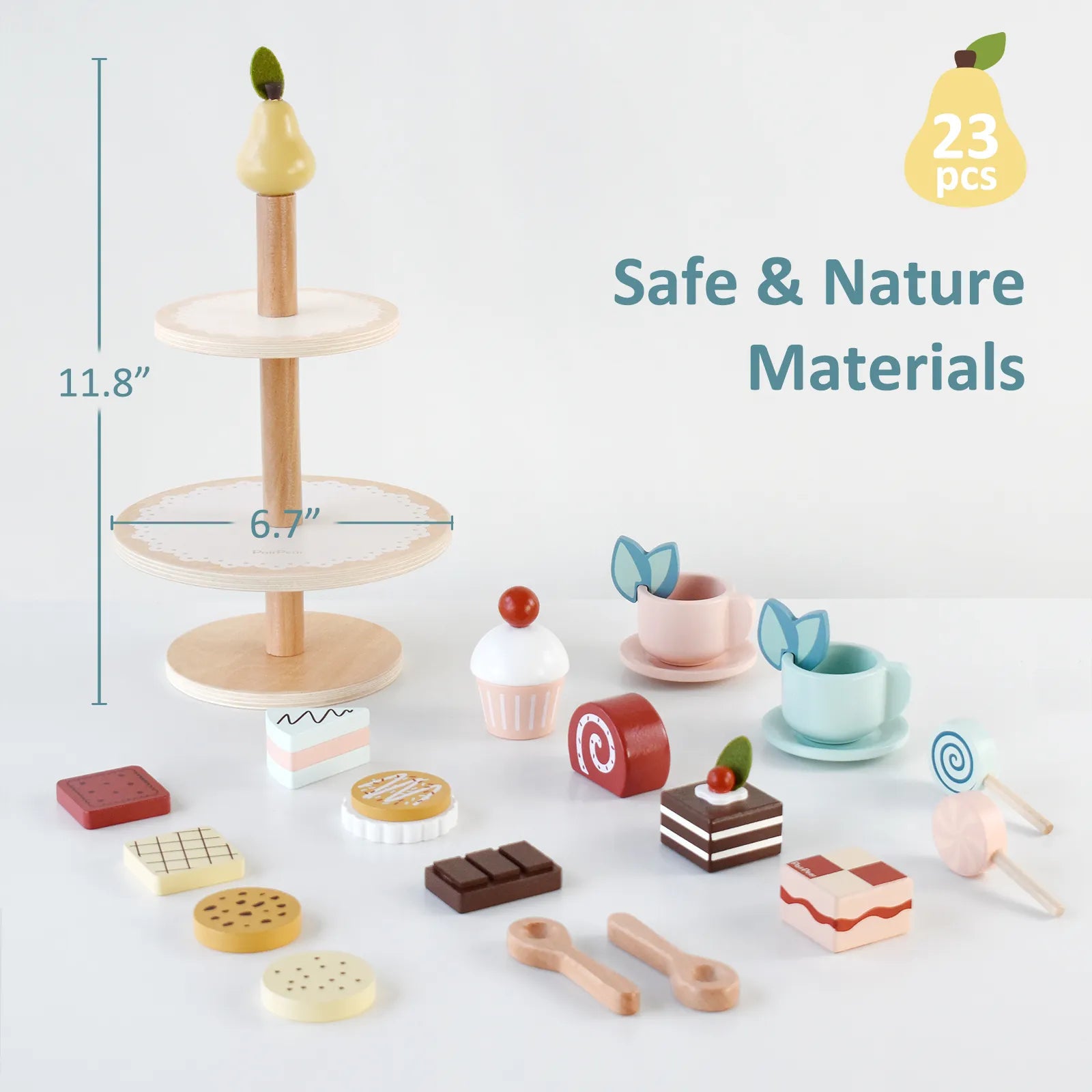 Dimensions of the safe, natural wooden pretend play food set. The 11.8-inch tall dessert stand comes with multiple non-toxic cakes and cups