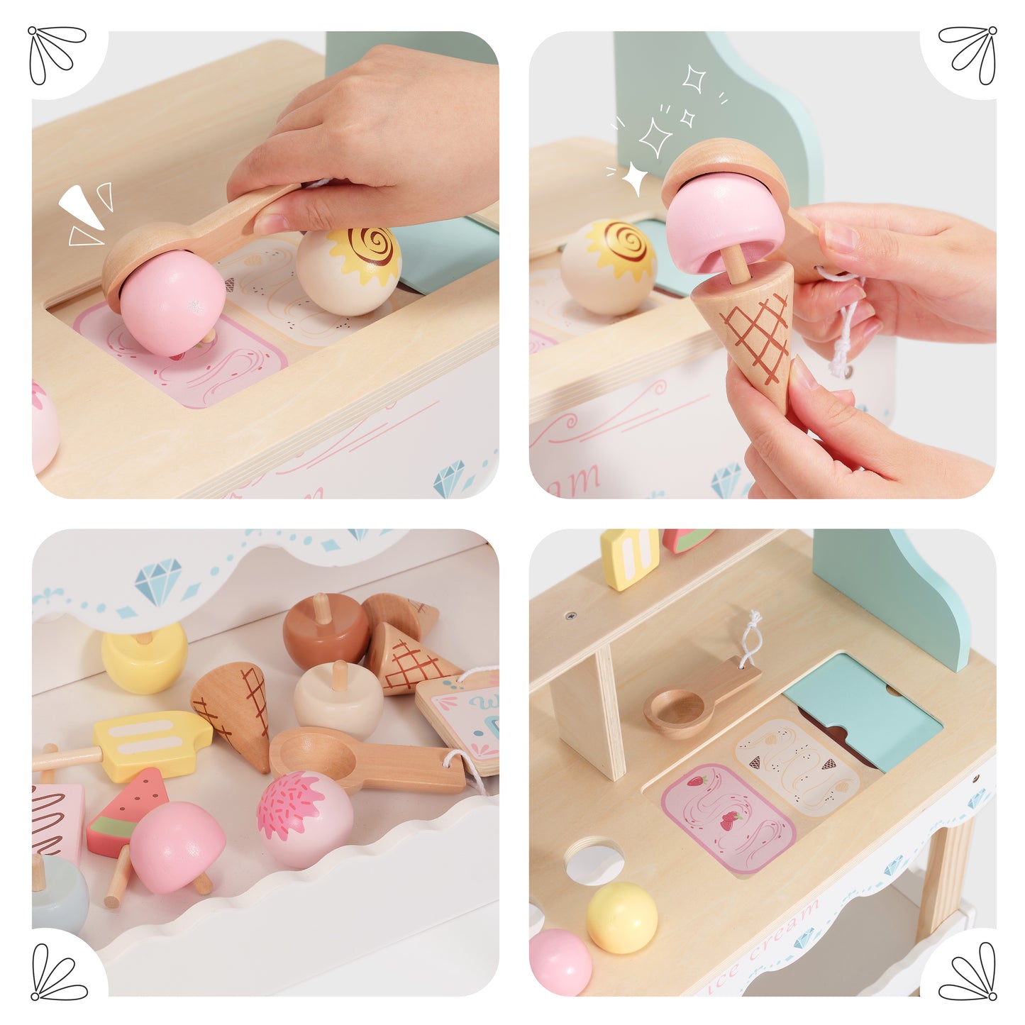 PairPear Large Wooden Ice Cream & Grocery Cart, 2 in 1 Pretend Play Ice Cream Truck Market Stand with 15 Play Food Pieces, Rolling Food Truck Toy for Kids Ages 3+