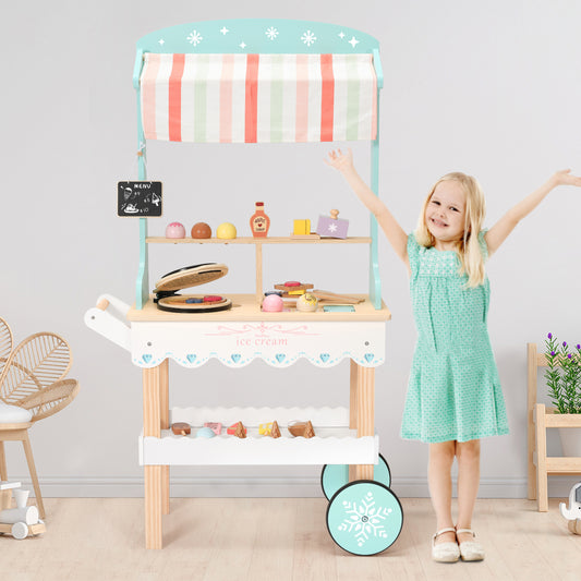PairPear Large Wooden Ice Cream & Grocery Cart, 2 in 1 Pretend Play Ice Cream Truck Market Stand with 15 Play Food Pieces, Rolling Food Truck Toy for Kids Ages 3+